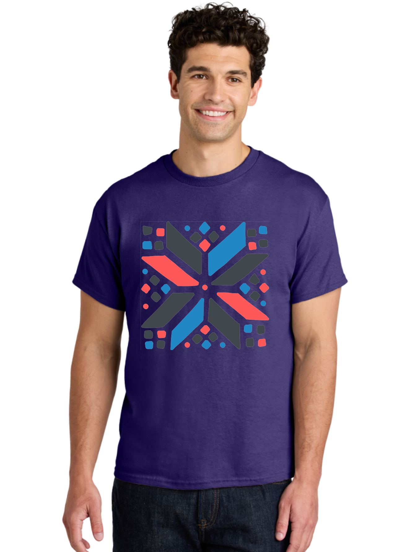 Abstract-Geometric-Pattern Men'S Graphic Tee, 100% Cotton, Comfortable Casual Summer Wear, Machine Washable, Geometric Shapes, Symmetrical Design, Abstract Art, Vibrant Colors, Red, Blue, Black, Bold Graphics, Modern Design, Dynamic Pattern, Aab655 28