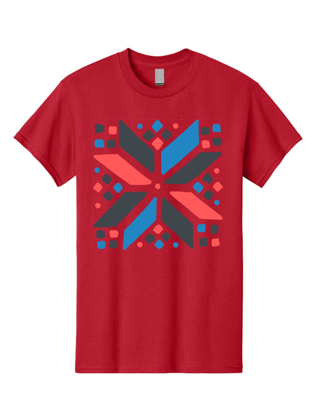 Abstract-Geometric-Pattern Men'S Graphic Tee, 100% Cotton, Comfortable Casual Summer Wear, Machine Washable, Geometric Shapes, Symmetrical Design, Abstract Art, Vibrant Colors, Red, Blue, Black, Bold Graphics, Modern Design, Dynamic Pattern, Aab655 12