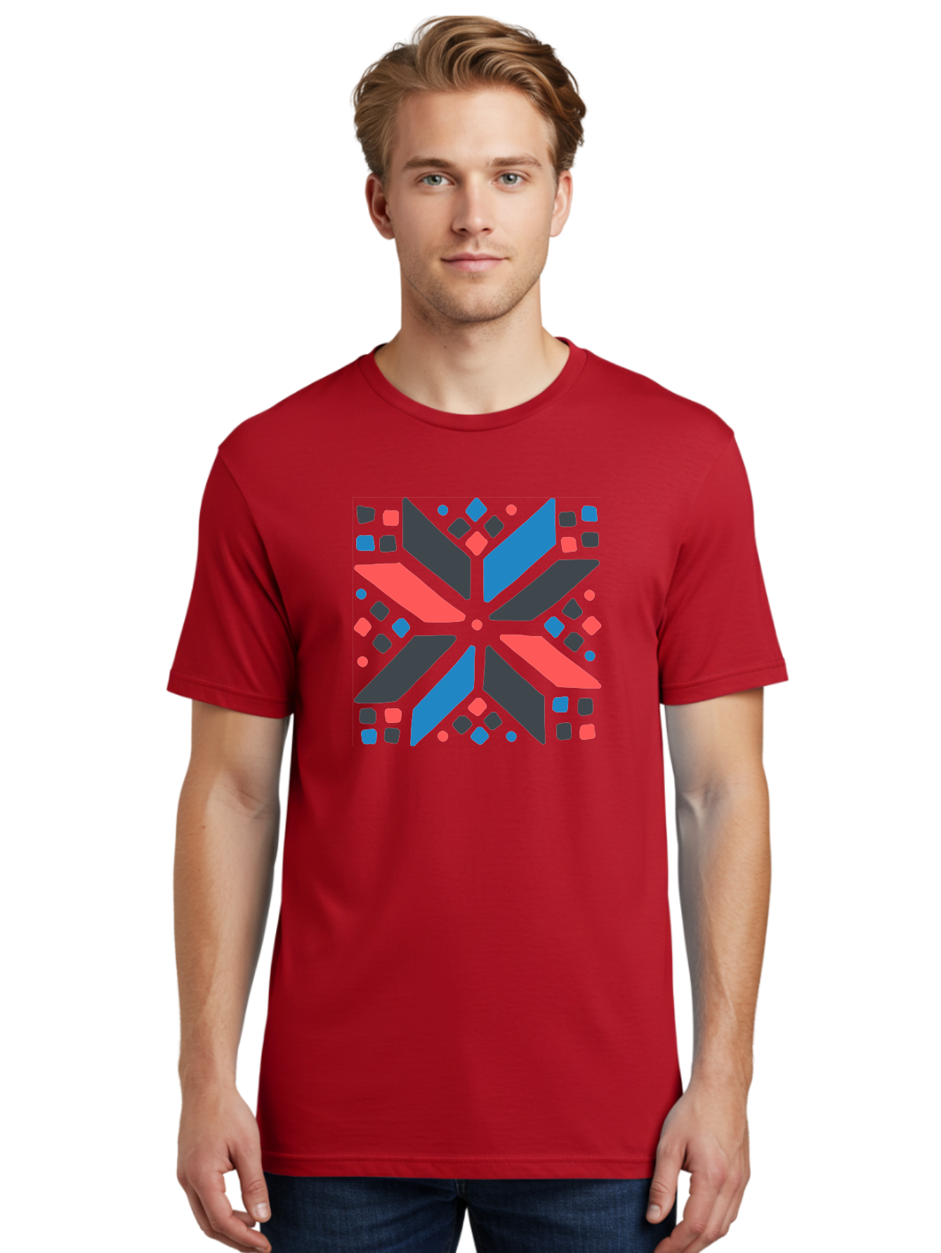 Abstract-Geometric-Pattern Men'S Graphic Tee, 100% Cotton, Comfortable Casual Summer Wear, Machine Washable, Geometric Shapes, Symmetrical Design, Abstract Art, Vibrant Colors, Red, Blue, Black, Bold Graphics, Modern Design, Dynamic Pattern, Aab655 6