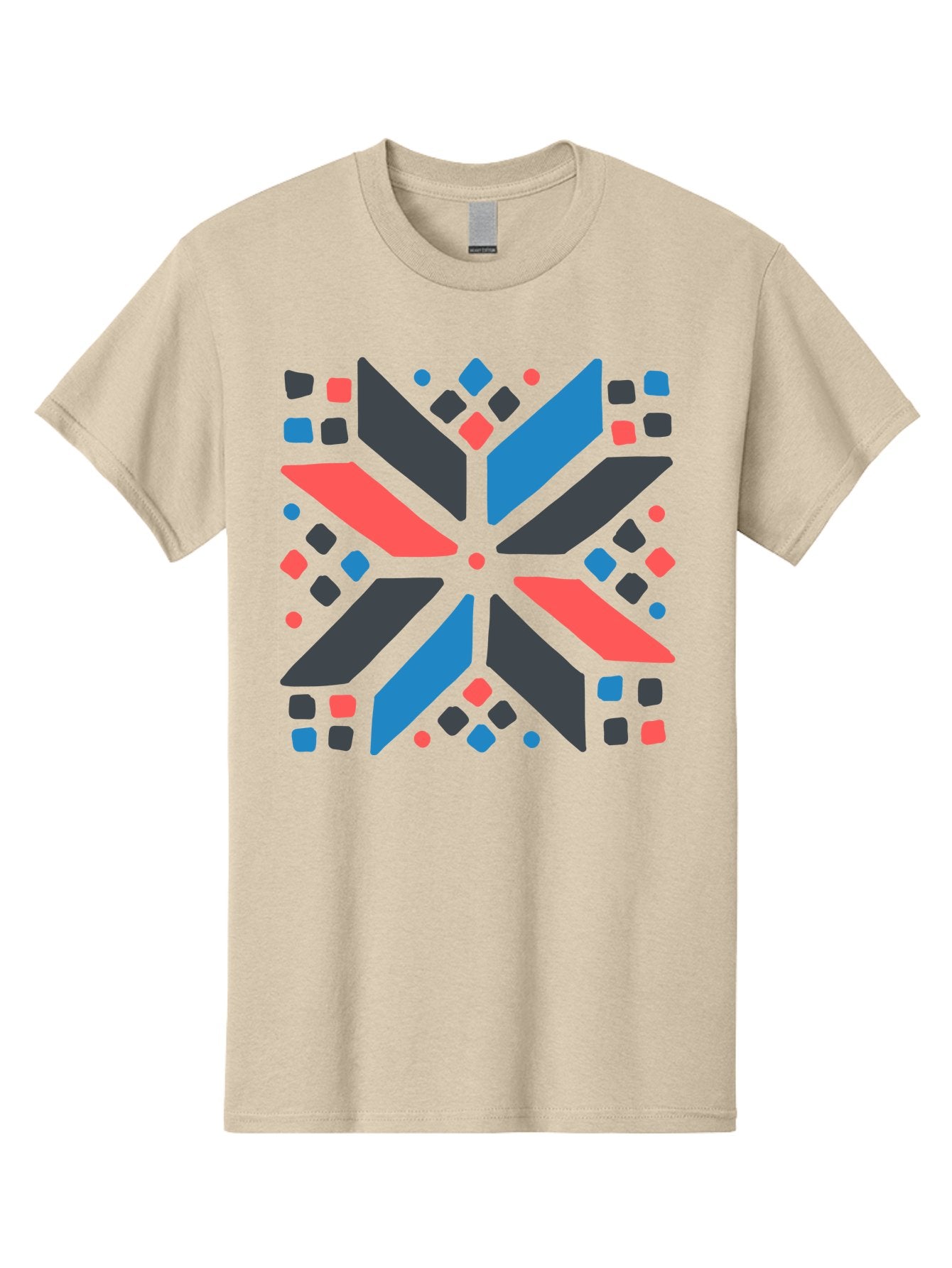 Abstract-Geometric-Pattern Men'S Graphic Tee, 100% Cotton, Comfortable Casual Summer Wear, Machine Washable, Geometric Shapes, Symmetrical Design, Abstract Art, Vibrant Colors, Red, Blue, Black, Bold Graphics, Modern Design, Dynamic Pattern, Aab655