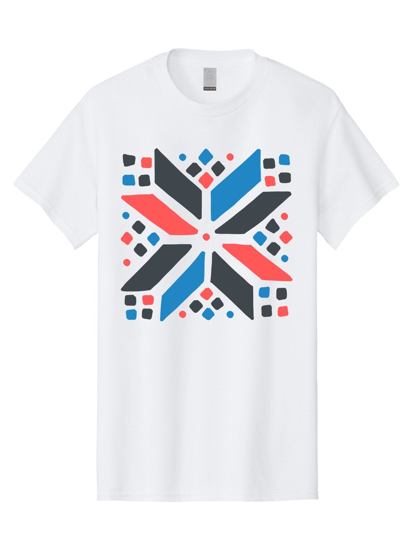 Abstract-Geometric-Pattern Men'S Graphic Tee, 100% Cotton, Comfortable Casual Summer Wear, Machine Washable, Geometric Shapes, Symmetrical Design, Abstract Art, Vibrant Colors, Red, Blue, Black, Bold Graphics, Modern Design, Dynamic Pattern, Aab655 5