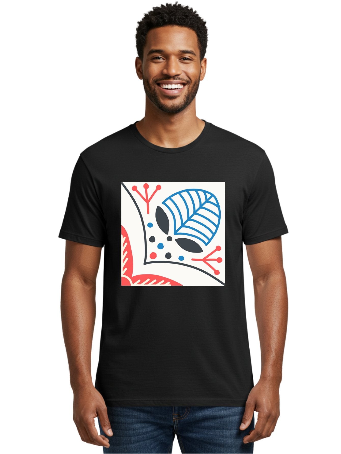 Abstract-Leaf-Design Men'S Graphic Tee, 100% Cotton, Comfortable Casual Summer Wear, Machine Washable, Stylized Leaf, Abstract Design, Modern Art, Floral Pattern, Red And Blue Accents, Black Outlines, White Background, Minimalist Decor, Aab656 29