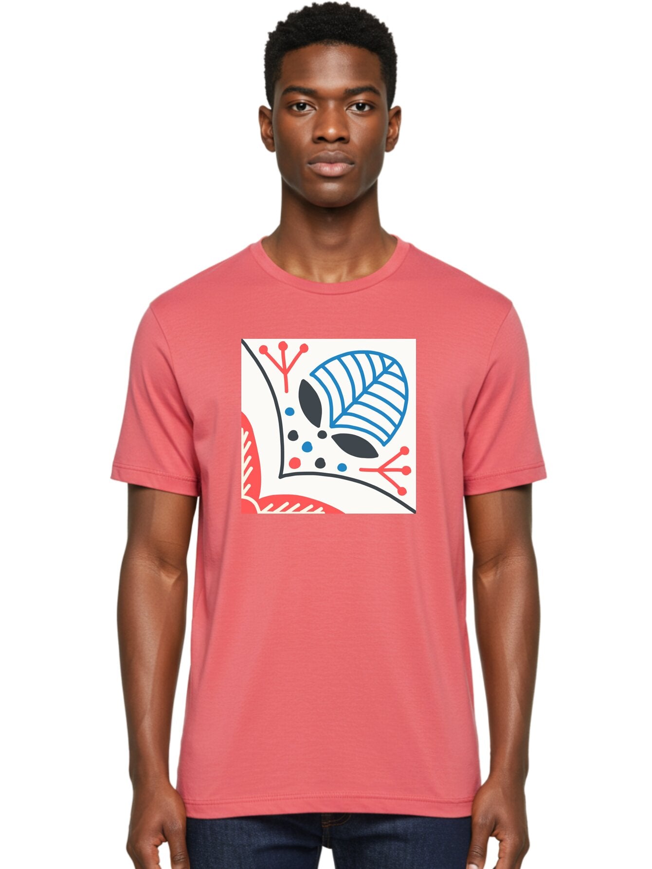 Abstract-Leaf-Design Men'S Graphic Tee, 100% Cotton, Comfortable Casual Summer Wear, Machine Washable, Stylized Leaf, Abstract Design, Modern Art, Floral Pattern, Red And Blue Accents, Black Outlines, White Background, Minimalist Decor, Aab656 23
