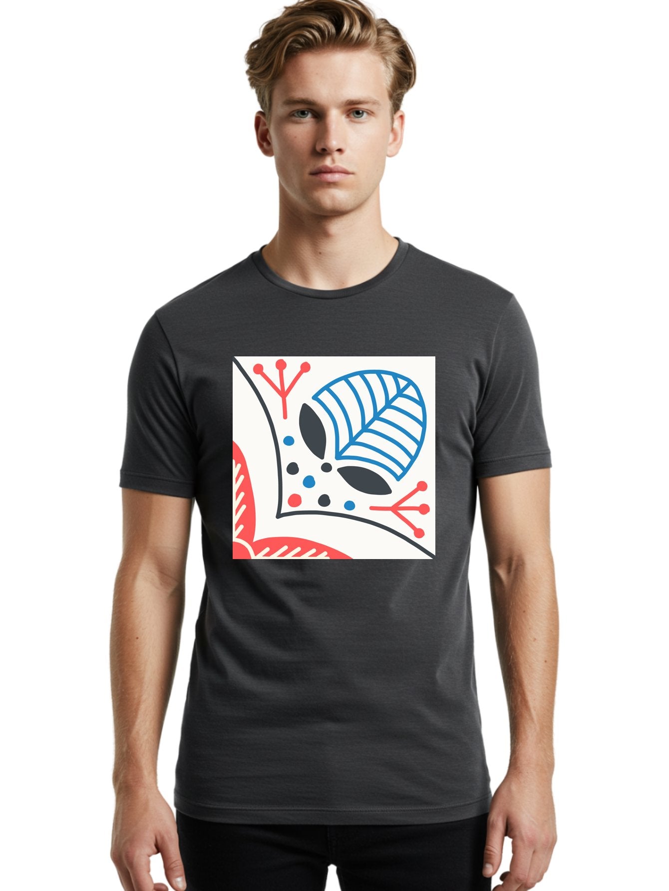Abstract-Leaf-Design Men'S Graphic Tee, 100% Cotton, Comfortable Casual Summer Wear, Machine Washable, Stylized Leaf, Abstract Design, Modern Art, Floral Pattern, Red And Blue Accents, Black Outlines, White Background, Minimalist Decor, Aab656 24