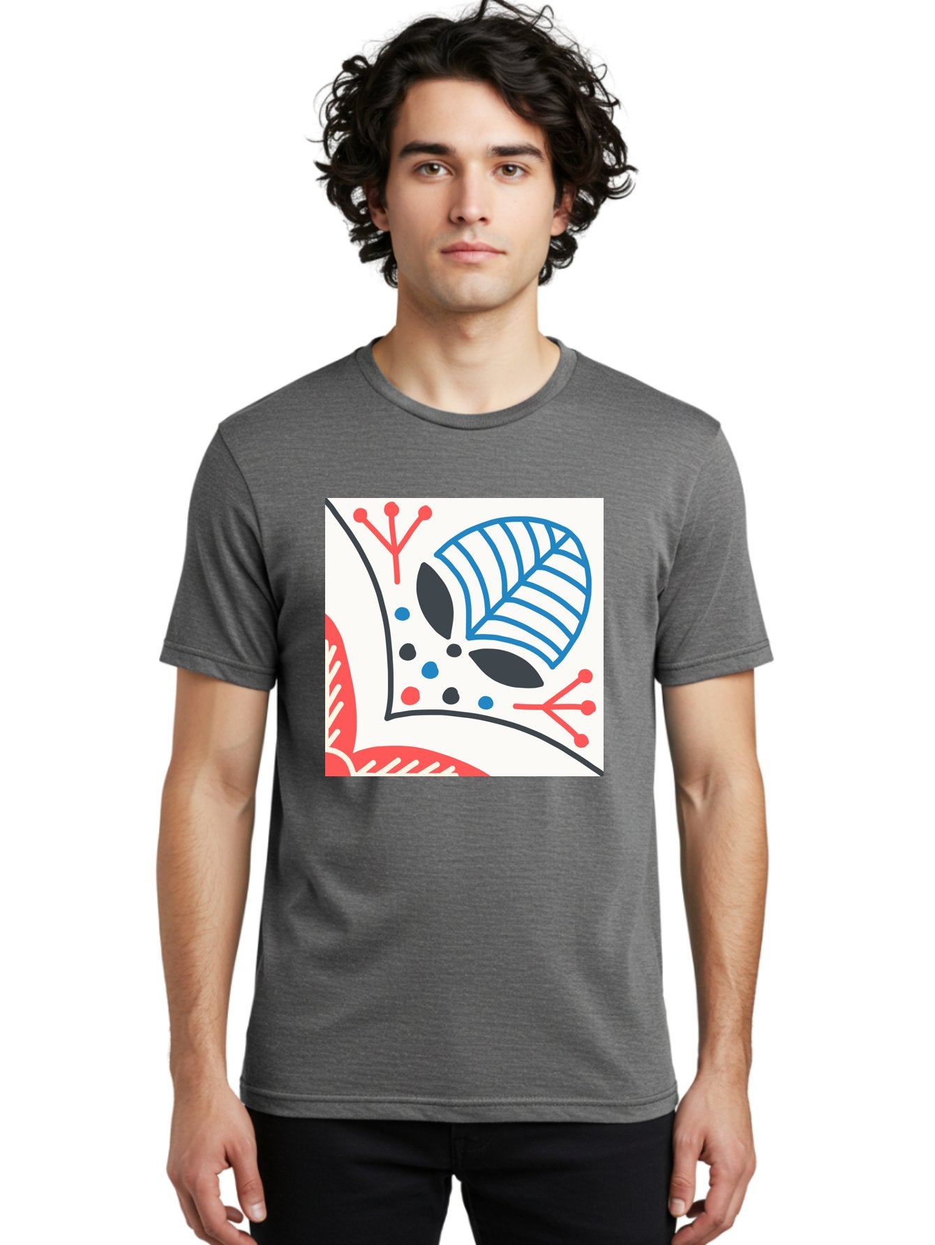 Abstract-Leaf-Design Men'S Graphic Tee, 100% Cotton, Comfortable Casual Summer Wear, Machine Washable, Stylized Leaf, Abstract Design, Modern Art, Floral Pattern, Red And Blue Accents, Black Outlines, White Background, Minimalist Decor, Aab656 27