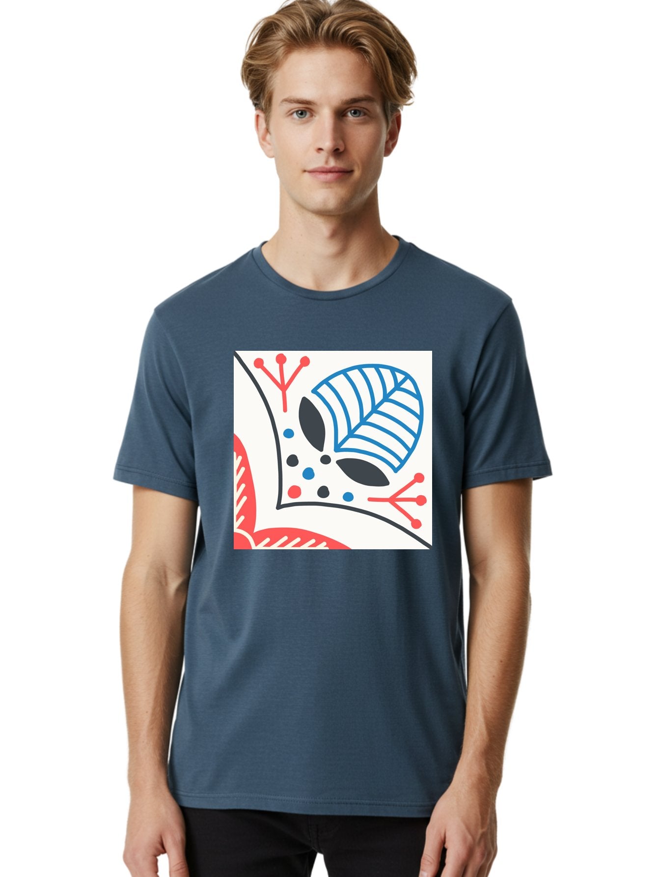 Abstract-Leaf-Design Men'S Graphic Tee, 100% Cotton, Comfortable Casual Summer Wear, Machine Washable, Stylized Leaf, Abstract Design, Modern Art, Floral Pattern, Red And Blue Accents, Black Outlines, White Background, Minimalist Decor, Aab656 16
