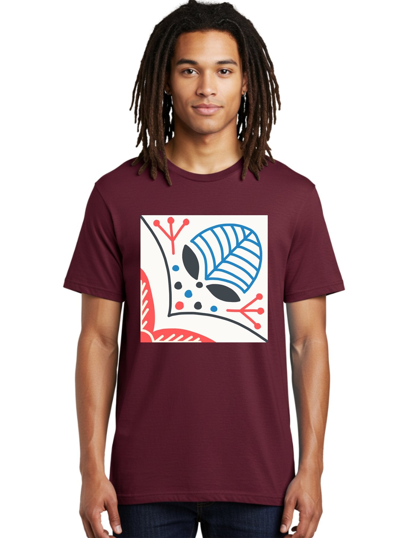 Abstract-Leaf-Design Men'S Graphic Tee, 100% Cotton, Comfortable Casual Summer Wear, Machine Washable, Stylized Leaf, Abstract Design, Modern Art, Floral Pattern, Red And Blue Accents, Black Outlines, White Background, Minimalist Decor, Aab656 30
