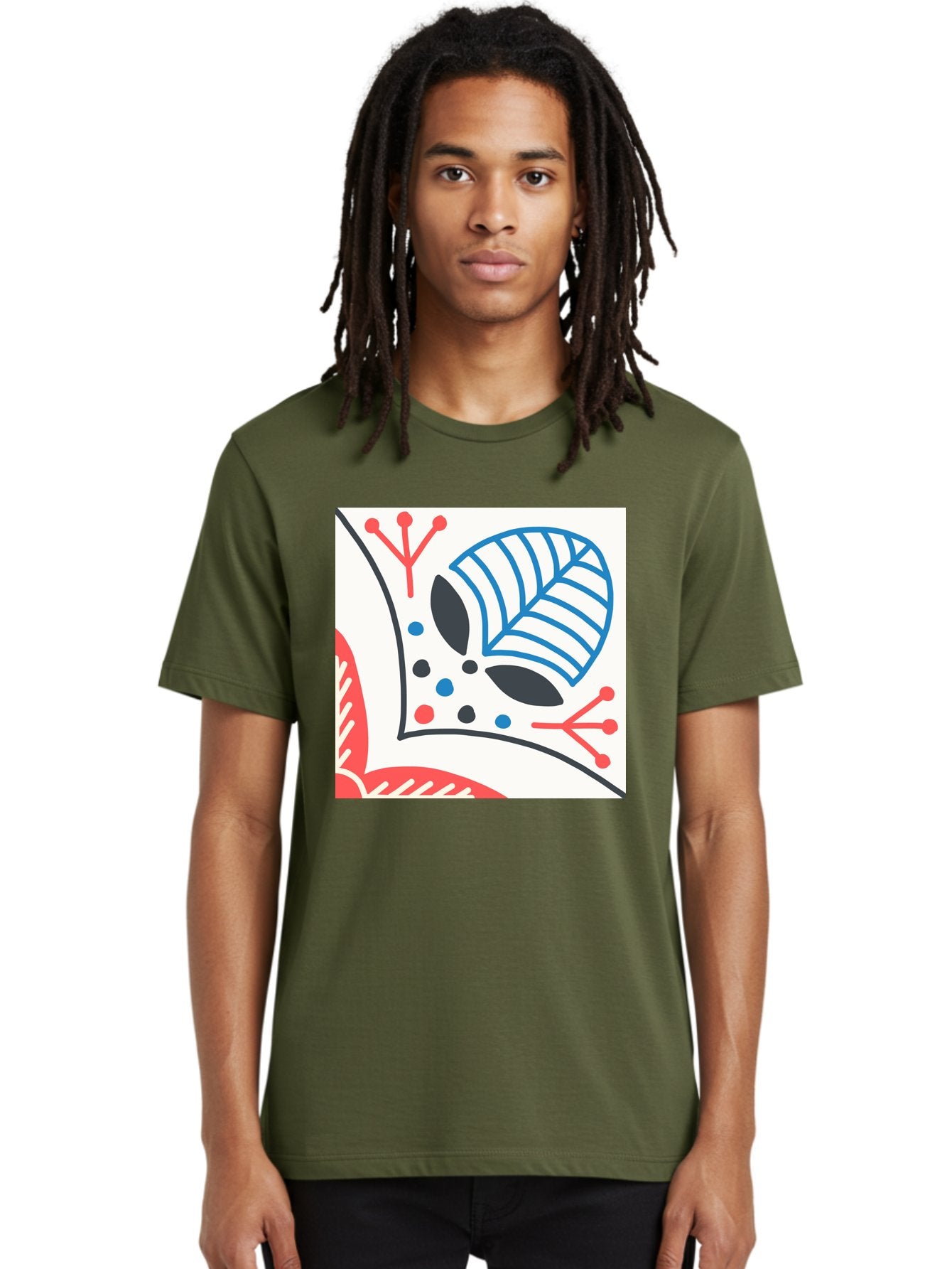 Abstract-Leaf-Design Men'S Graphic Tee, 100% Cotton, Comfortable Casual Summer Wear, Machine Washable, Stylized Leaf, Abstract Design, Modern Art, Floral Pattern, Red And Blue Accents, Black Outlines, White Background, Minimalist Decor, Aab656 26