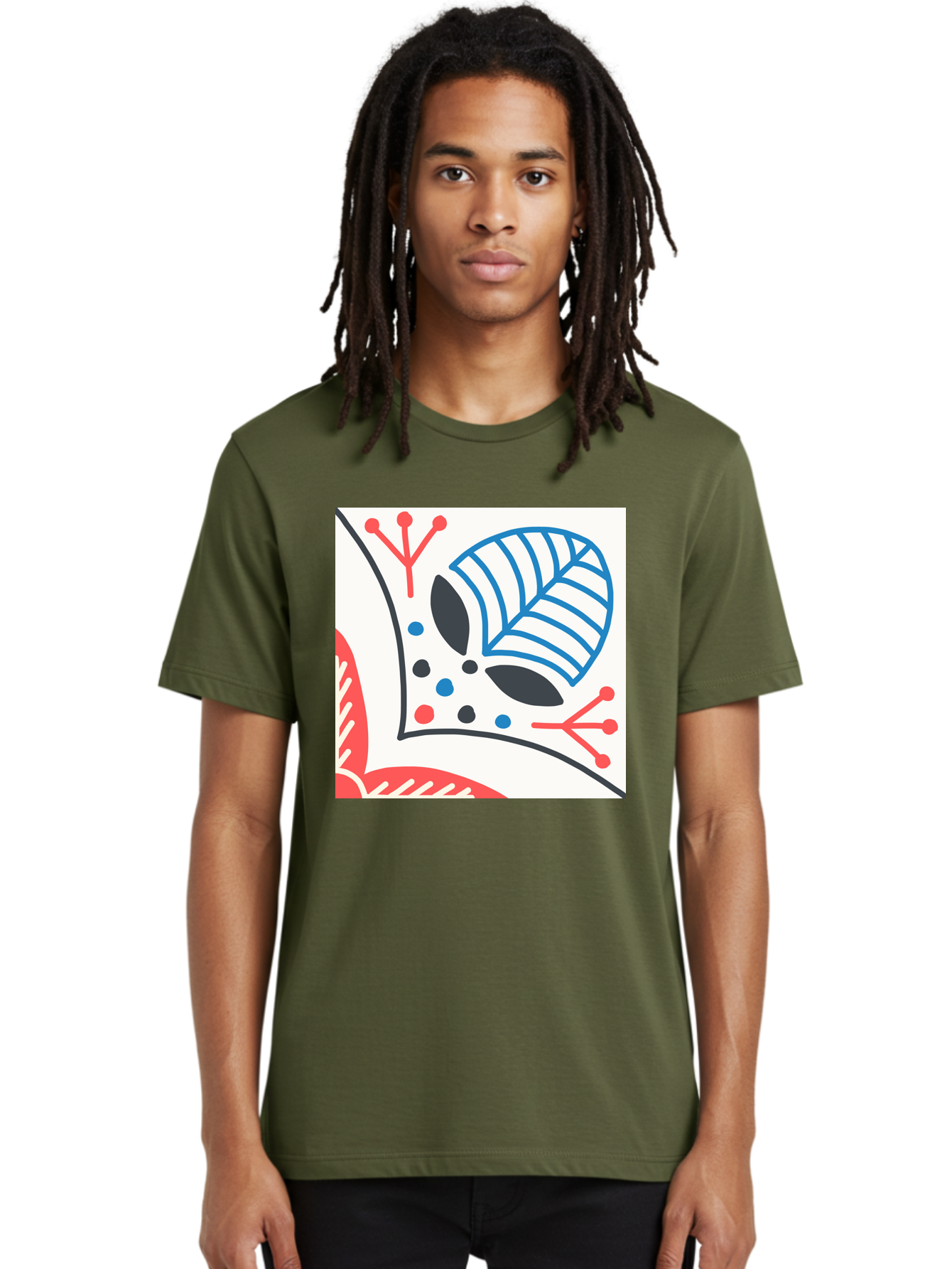 Abstract-Leaf-Design Men'S Graphic Tee, 100% Cotton, Comfortable Casual Summer Wear, Machine Washable, Stylized Leaf, Abstract Design, Modern Art, Floral Pattern, Red And Blue Accents, Black Outlines, White Background, Minimalist Decor, Aab656 10