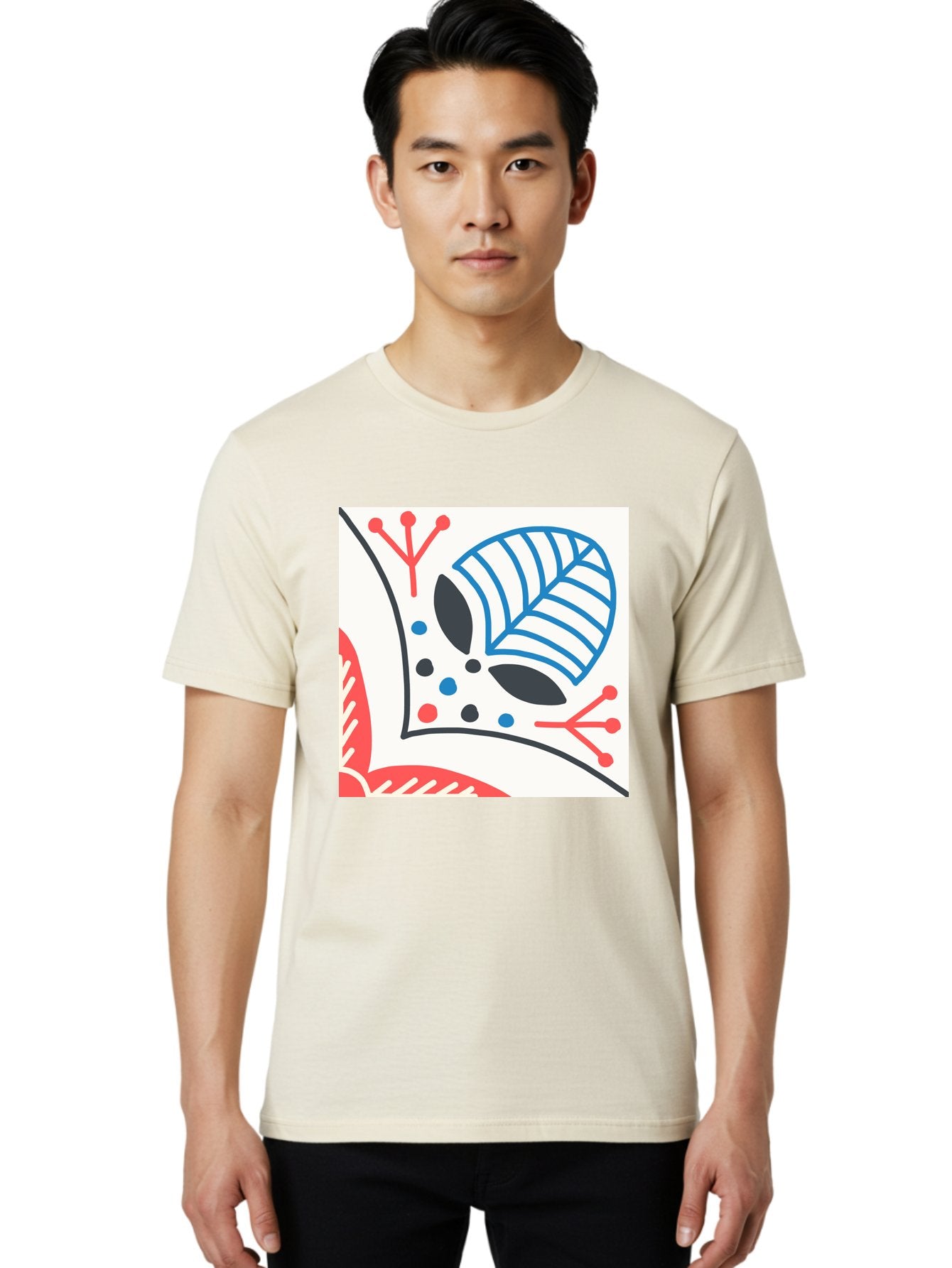 Abstract-Leaf-Design Men'S Graphic Tee, 100% Cotton, Comfortable Casual Summer Wear, Machine Washable, Stylized Leaf, Abstract Design, Modern Art, Floral Pattern, Red And Blue Accents, Black Outlines, White Background, Minimalist Decor, Aab656 25