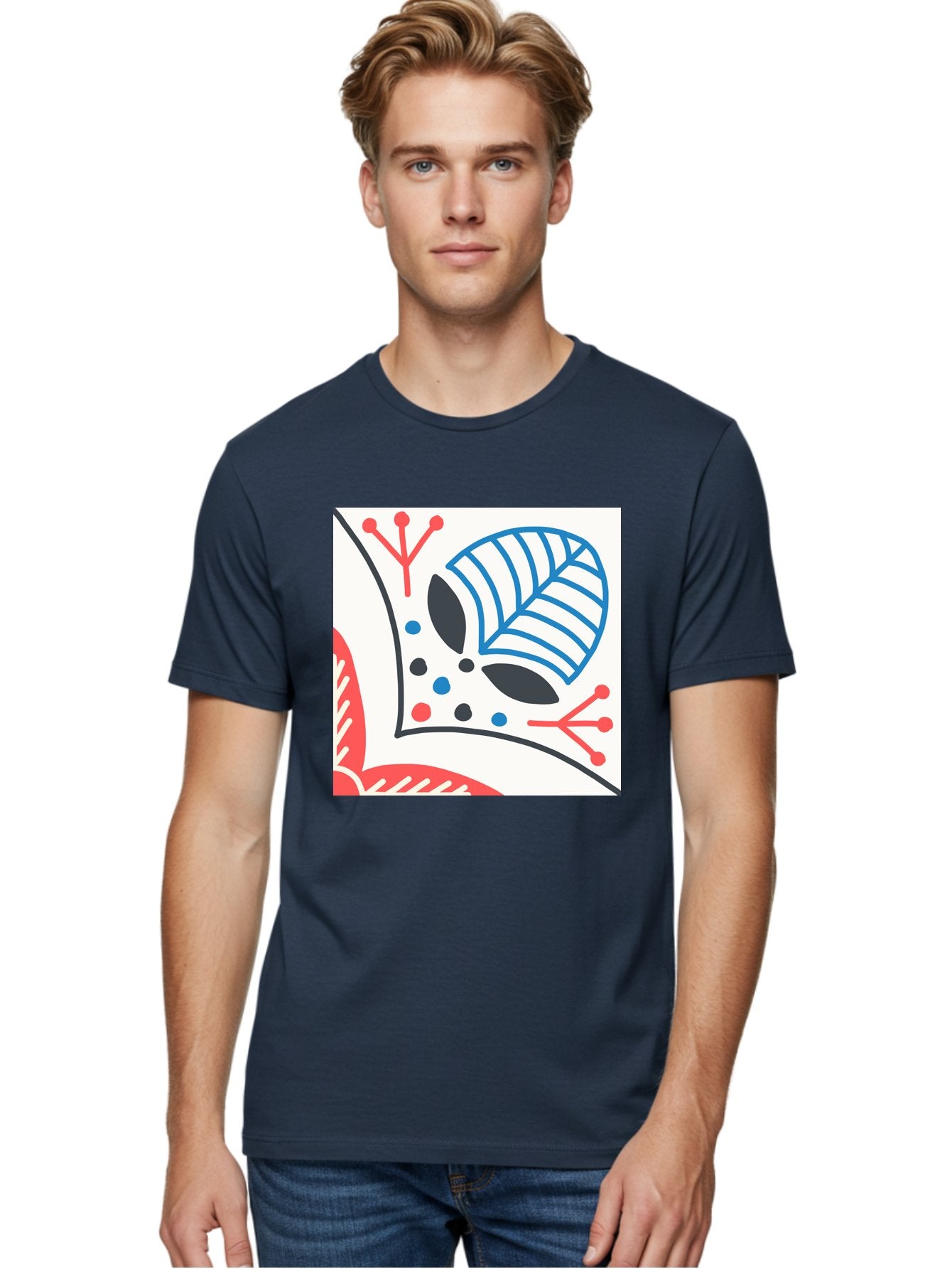Abstract-Leaf-Design Men'S Graphic Tee, 100% Cotton, Comfortable Casual Summer Wear, Machine Washable, Stylized Leaf, Abstract Design, Modern Art, Floral Pattern, Red And Blue Accents, Black Outlines, White Background, Minimalist Decor, Aab656 22