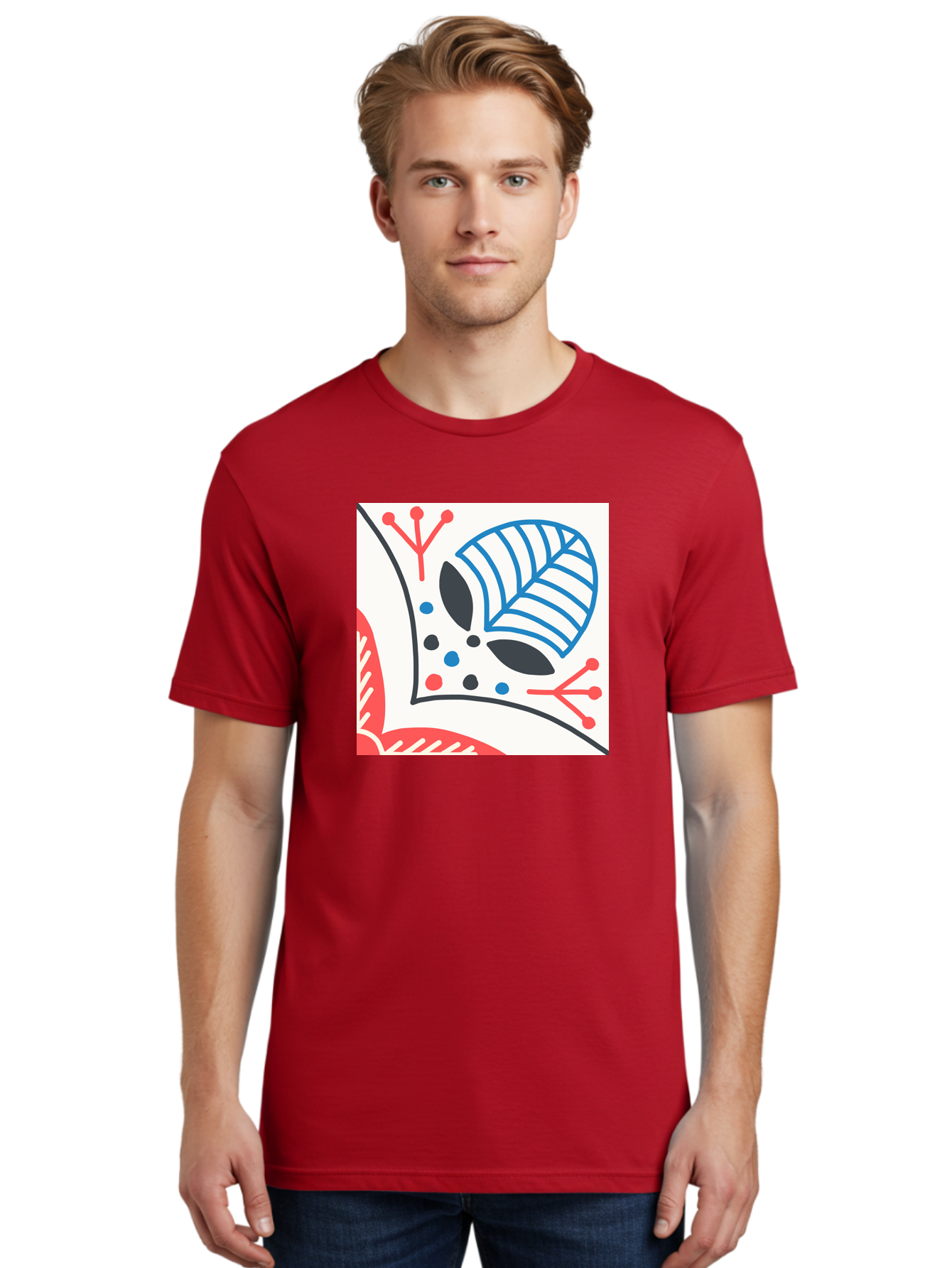Abstract-Leaf-Design Men'S Graphic Tee, 100% Cotton, Comfortable Casual Summer Wear, Machine Washable, Stylized Leaf, Abstract Design, Modern Art, Floral Pattern, Red And Blue Accents, Black Outlines, White Background, Minimalist Decor, Aab656 6