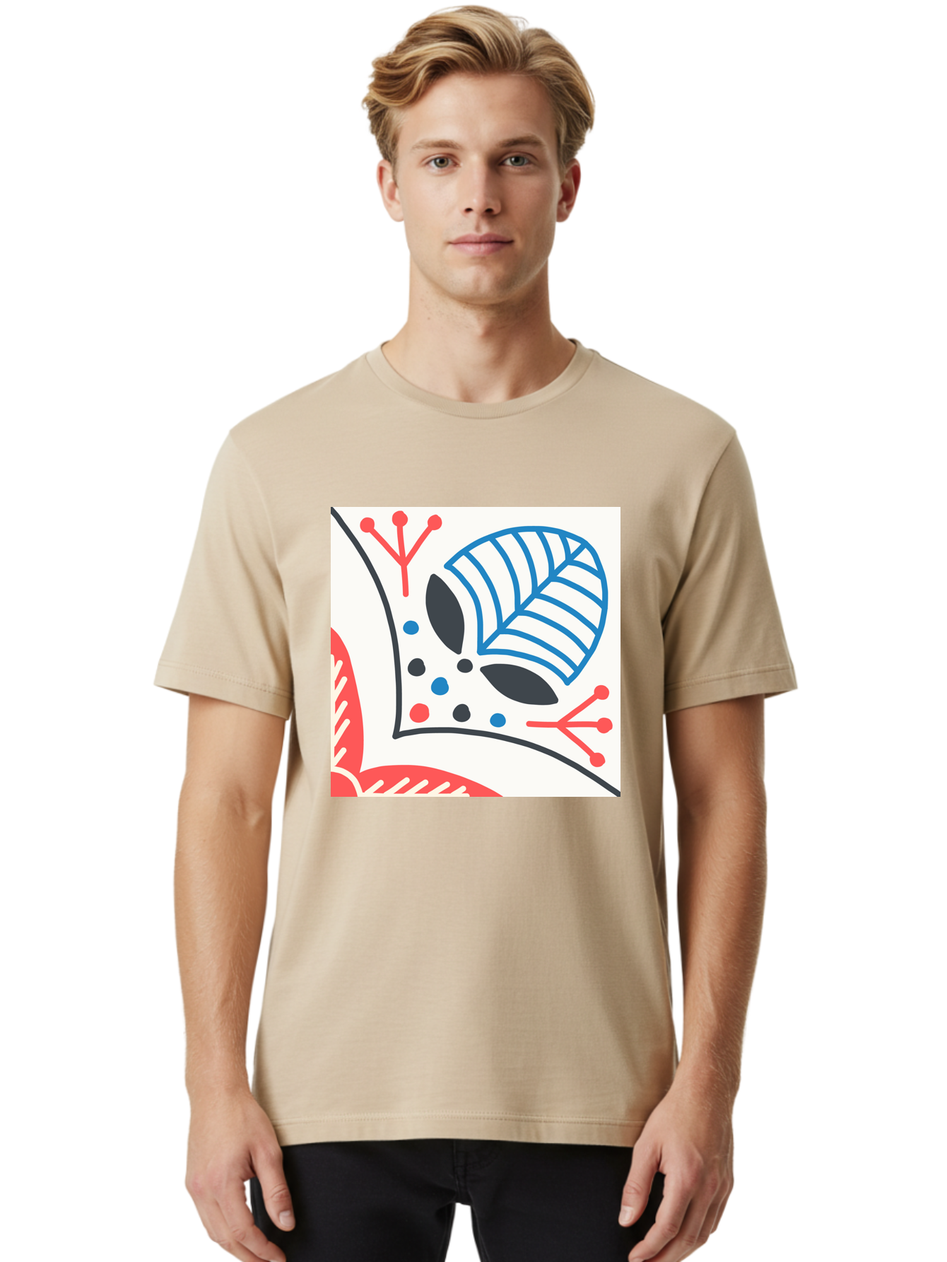 Abstract-Leaf-Design Men'S Graphic Tee, 100% Cotton, Comfortable Casual Summer Wear, Machine Washable, Stylized Leaf, Abstract Design, Modern Art, Floral Pattern, Red And Blue Accents, Black Outlines, White Background, Minimalist Decor, Aab656 30