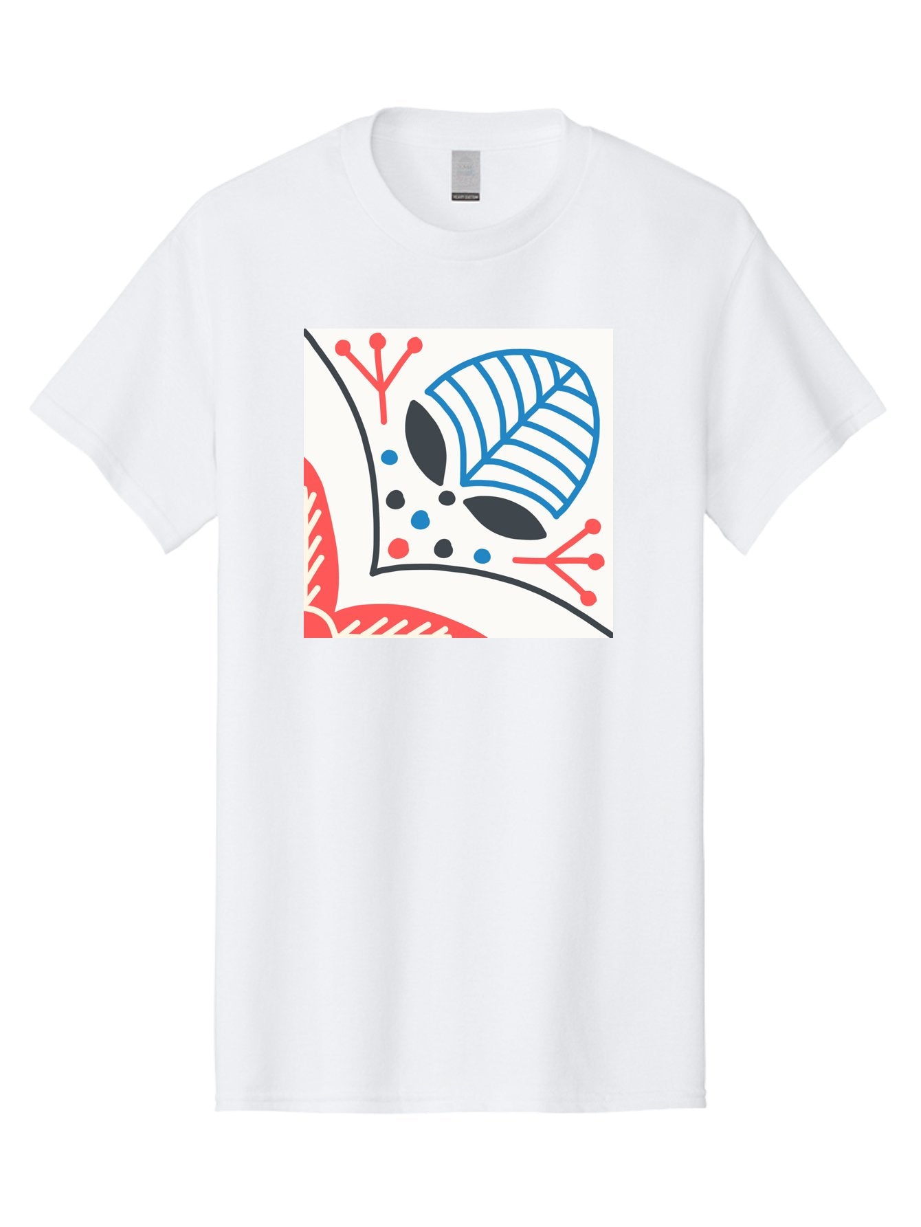 Abstract-Leaf-Design Men'S Graphic Tee, 100% Cotton, Comfortable Casual Summer Wear, Machine Washable, Stylized Leaf, Abstract Design, Modern Art, Floral Pattern, Red And Blue Accents, Black Outlines, White Background, Minimalist Decor, Aab656