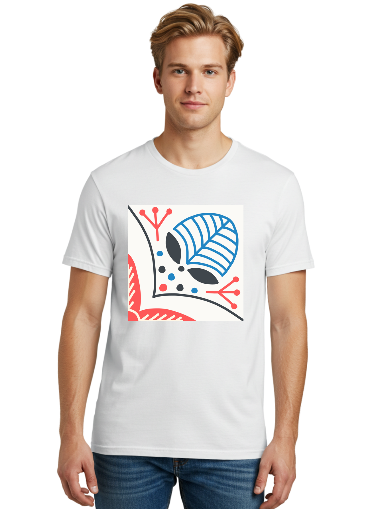Abstract-Leaf-Design Men'S Graphic Tee, 100% Cotton, Comfortable Casual Summer Wear, Machine Washable, Stylized Leaf, Abstract Design, Modern Art, Floral Pattern, Red And Blue Accents, Black Outlines, White Background, Minimalist Decor, Aab656 22