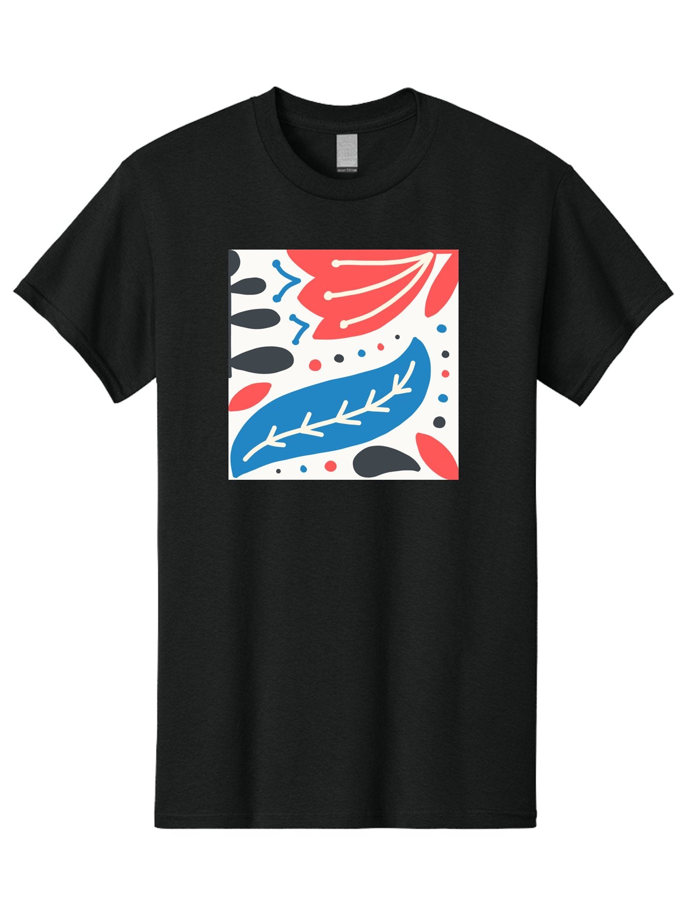 Abstract-Leaves-1 Men'S Graphic Tee, 100% Cotton, Comfortable Casual Summer Wear, Machine Washable, Abstract Leaf Pattern, Modern Design, Colorful Shapes, Red And Blue Leaves, Black Ovals, Scattered Dots, Artistic Expression, Creative Design, Aab657 15