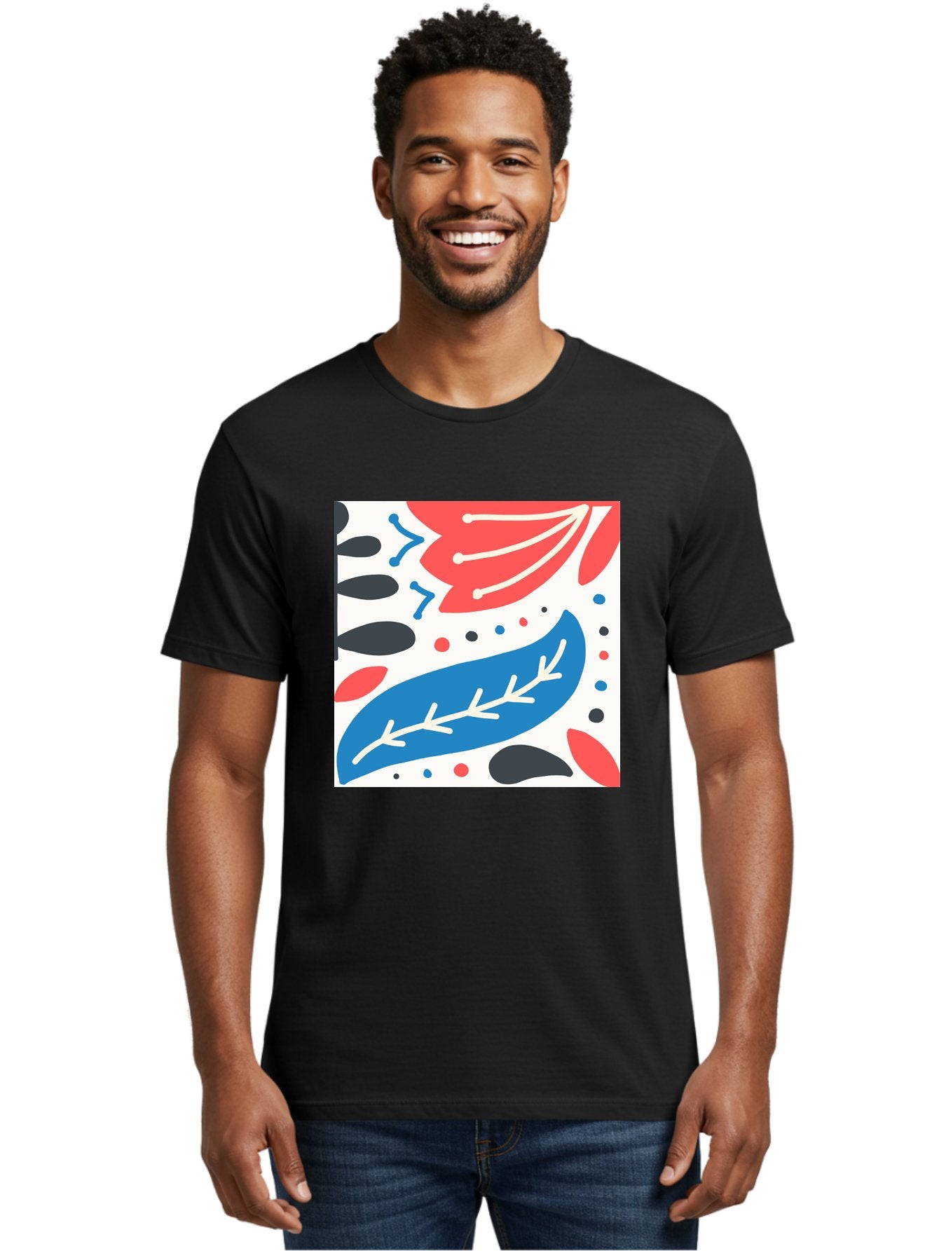 Abstract-Leaves-1 Men'S Graphic Tee, 100% Cotton, Comfortable Casual Summer Wear, Machine Washable, Abstract Leaf Pattern, Modern Design, Colorful Shapes, Red And Blue Leaves, Black Ovals, Scattered Dots, Artistic Expression, Creative Design, Aab657 30