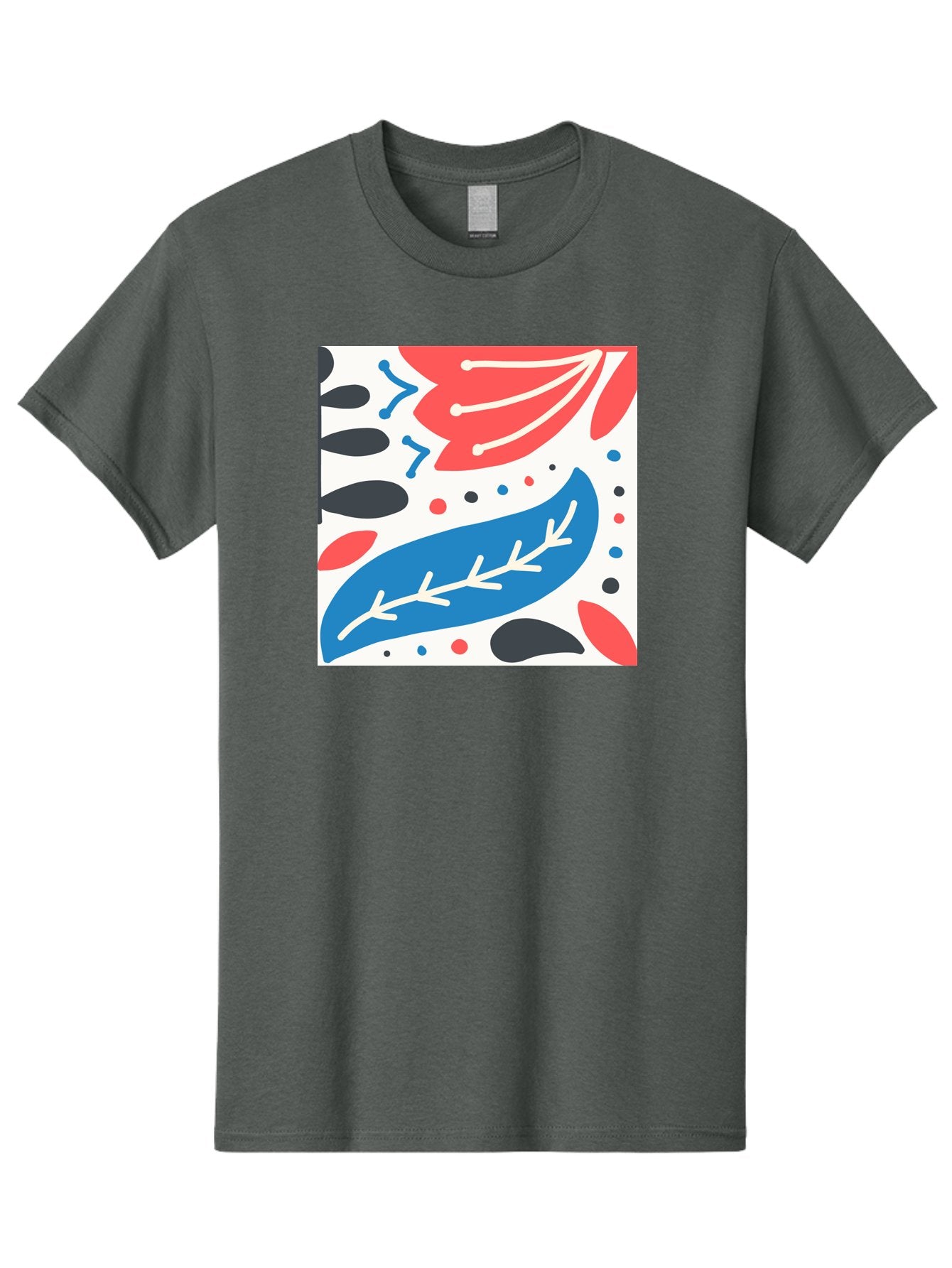 Abstract-Leaves-1 Men'S Graphic Tee, 100% Cotton, Comfortable Casual Summer Wear, Machine Washable, Abstract Leaf Pattern, Modern Design, Colorful Shapes, Red And Blue Leaves, Black Ovals, Scattered Dots, Artistic Expression, Creative Design, Aab657 12