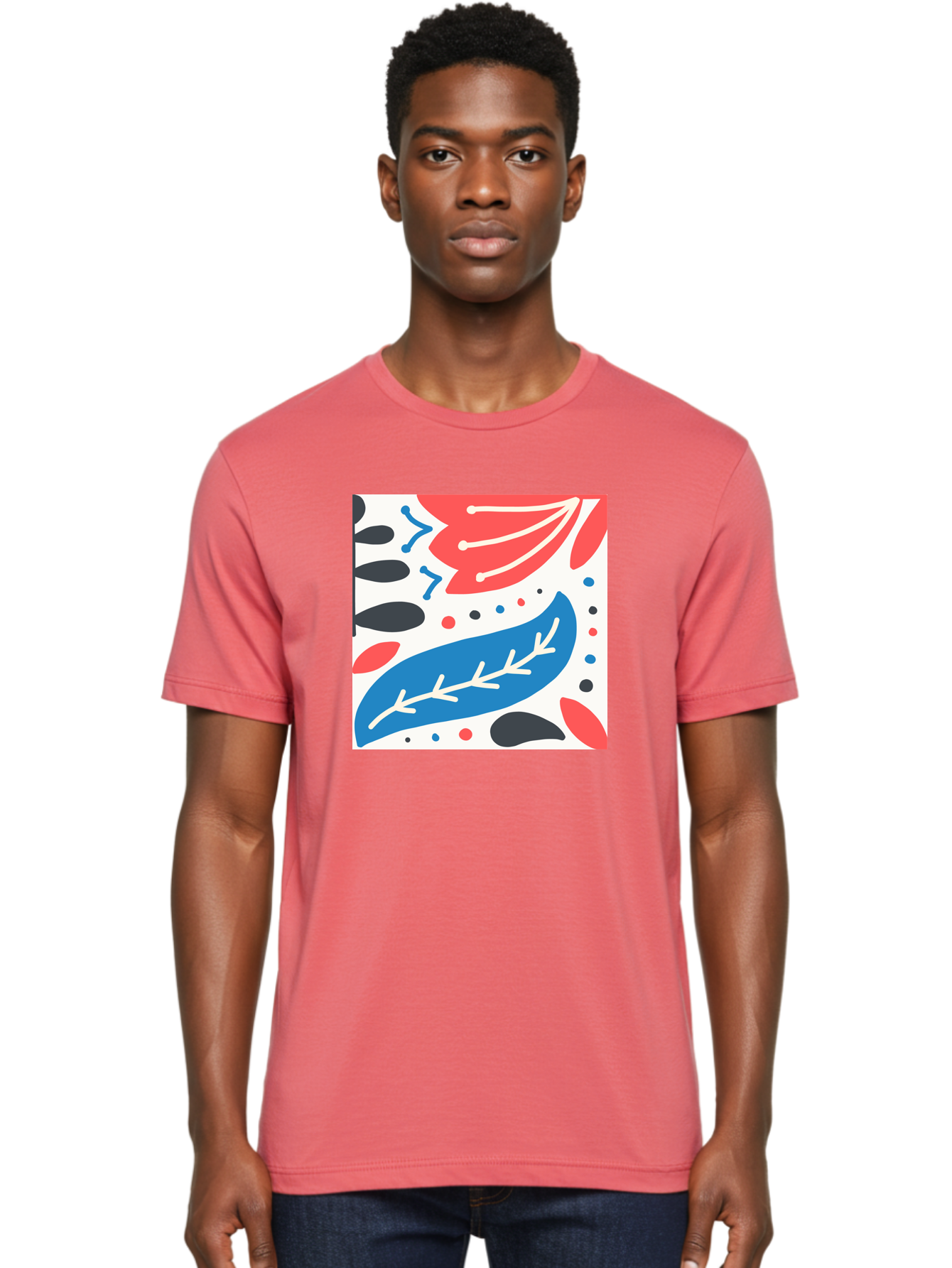 Abstract-Leaves-1 Men'S Graphic Tee, 100% Cotton, Comfortable Casual Summer Wear, Machine Washable, Abstract Leaf Pattern, Modern Design, Colorful Shapes, Red And Blue Leaves, Black Ovals, Scattered Dots, Artistic Expression, Creative Design, Aab657 24
