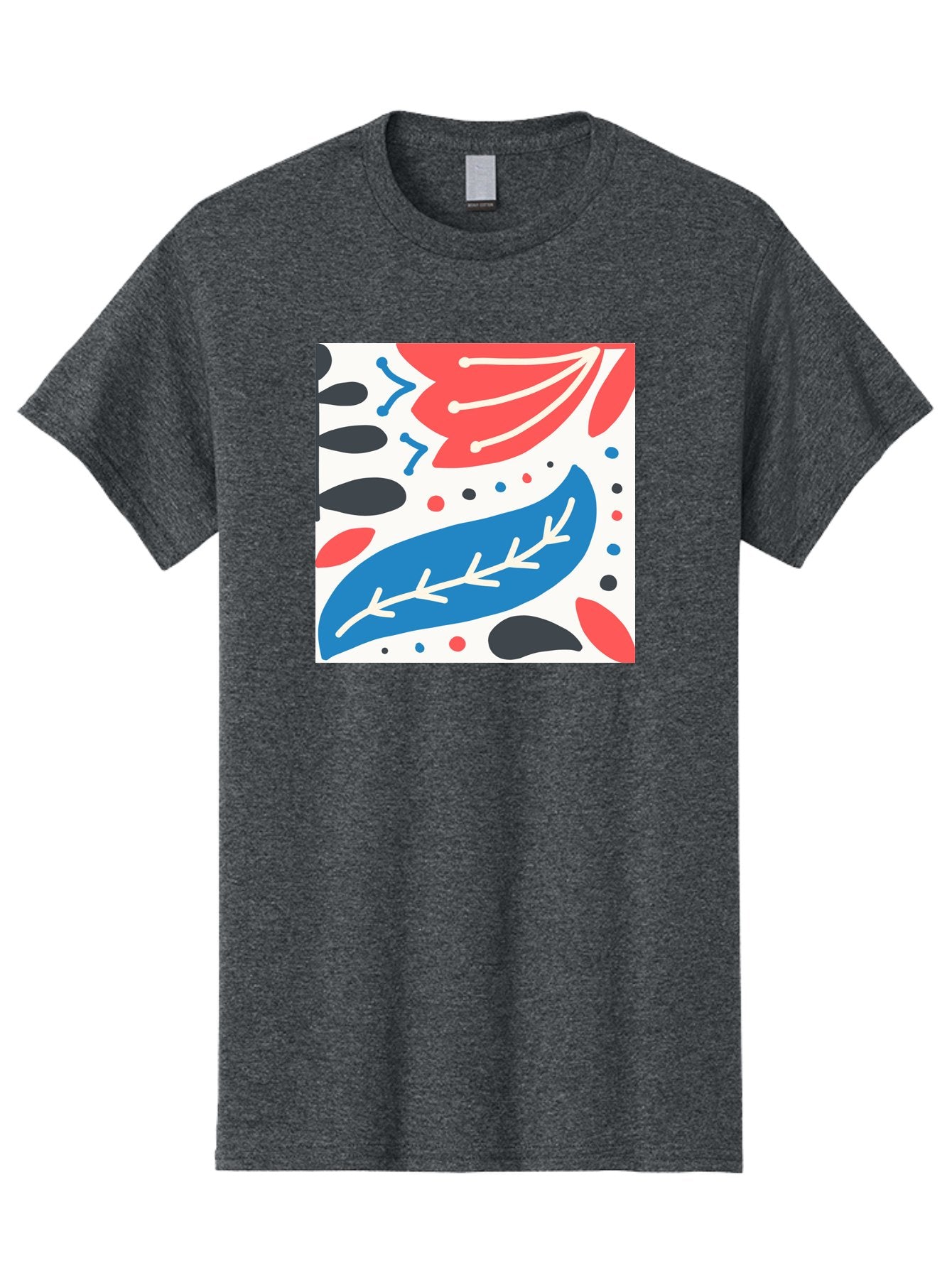 Abstract-Leaves-1 Men'S Graphic Tee, 100% Cotton, Comfortable Casual Summer Wear, Machine Washable, Abstract Leaf Pattern, Modern Design, Colorful Shapes, Red And Blue Leaves, Black Ovals, Scattered Dots, Artistic Expression, Creative Design, Aab657 7