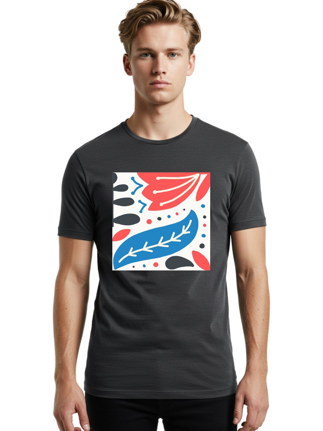 Abstract-Leaves-1 Men'S Graphic Tee, 100% Cotton, Comfortable Casual Summer Wear, Machine Washable, Abstract Leaf Pattern, Modern Design, Colorful Shapes, Red And Blue Leaves, Black Ovals, Scattered Dots, Artistic Expression, Creative Design, Aab657 16