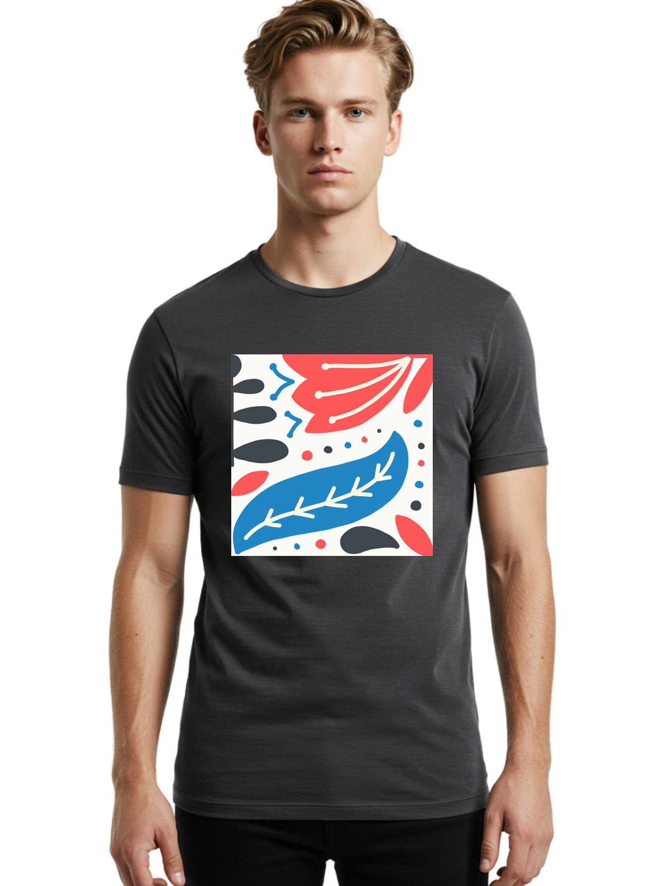 Abstract-Leaves-1 Men'S Graphic Tee, 100% Cotton, Comfortable Casual Summer Wear, Machine Washable, Abstract Leaf Pattern, Modern Design, Colorful Shapes, Red And Blue Leaves, Black Ovals, Scattered Dots, Artistic Expression, Creative Design, Aab657 26