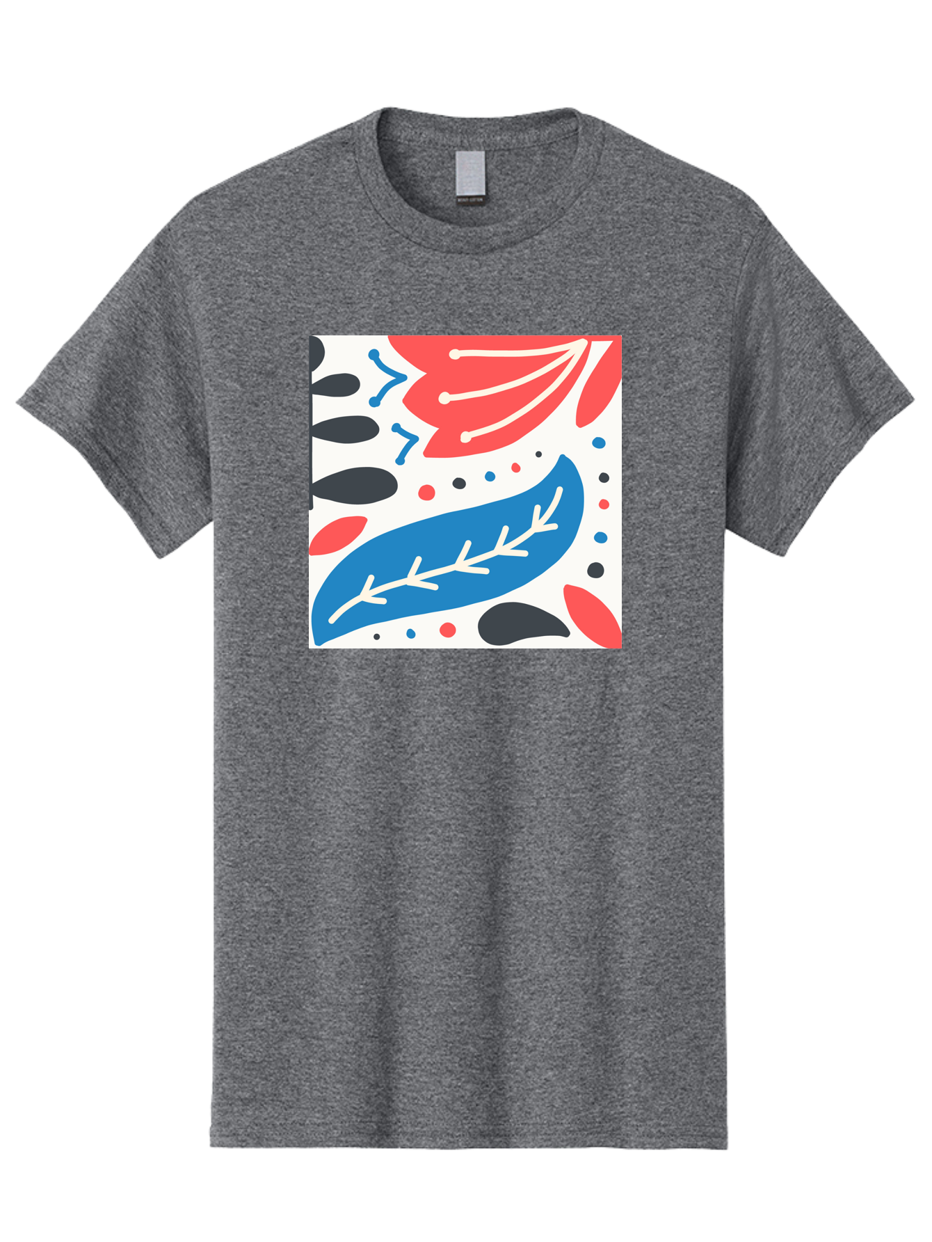 Abstract-Leaves-1 Men'S Graphic Tee, 100% Cotton, Comfortable Casual Summer Wear, Machine Washable, Abstract Leaf Pattern, Modern Design, Colorful Shapes, Red And Blue Leaves, Black Ovals, Scattered Dots, Artistic Expression, Creative Design, Aab657 11