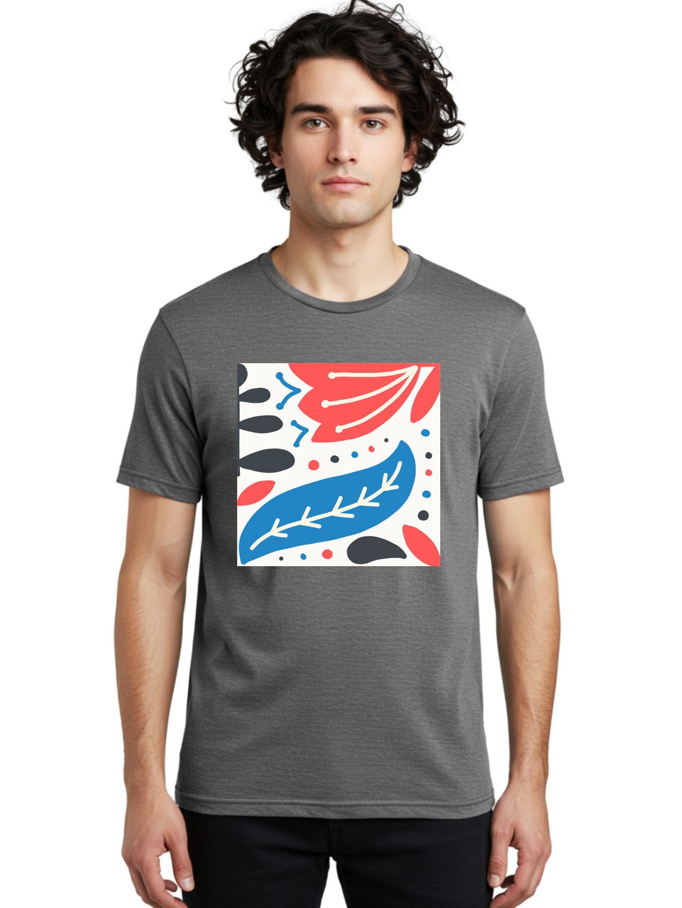 Abstract-Leaves-1 Men'S Graphic Tee, 100% Cotton, Comfortable Casual Summer Wear, Machine Washable, Abstract Leaf Pattern, Modern Design, Colorful Shapes, Red And Blue Leaves, Black Ovals, Scattered Dots, Artistic Expression, Creative Design, Aab657 12