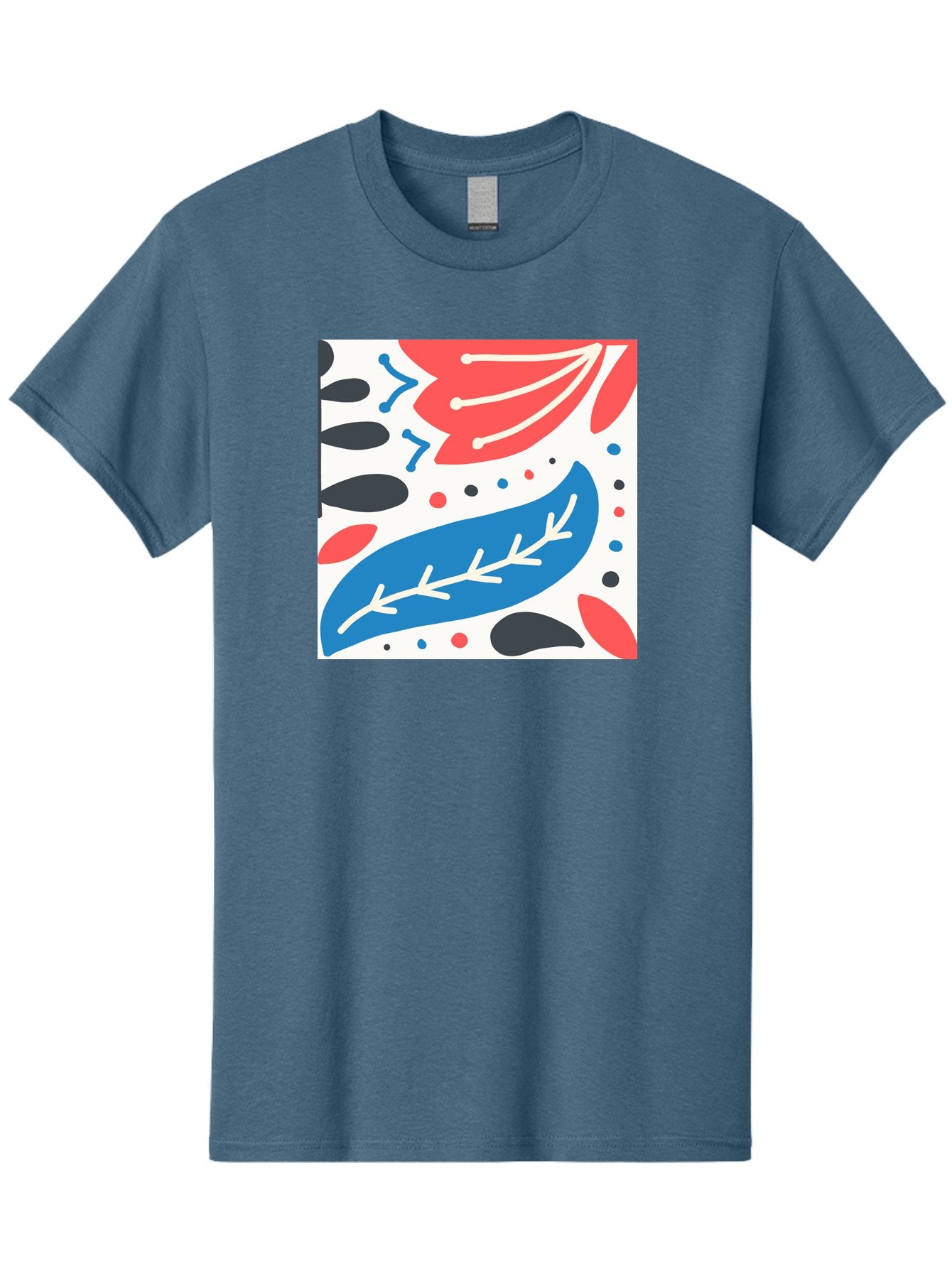 Abstract-Leaves-1 Men'S Graphic Tee, 100% Cotton, Comfortable Casual Summer Wear, Machine Washable, Abstract Leaf Pattern, Modern Design, Colorful Shapes, Red And Blue Leaves, Black Ovals, Scattered Dots, Artistic Expression, Creative Design, Aab657