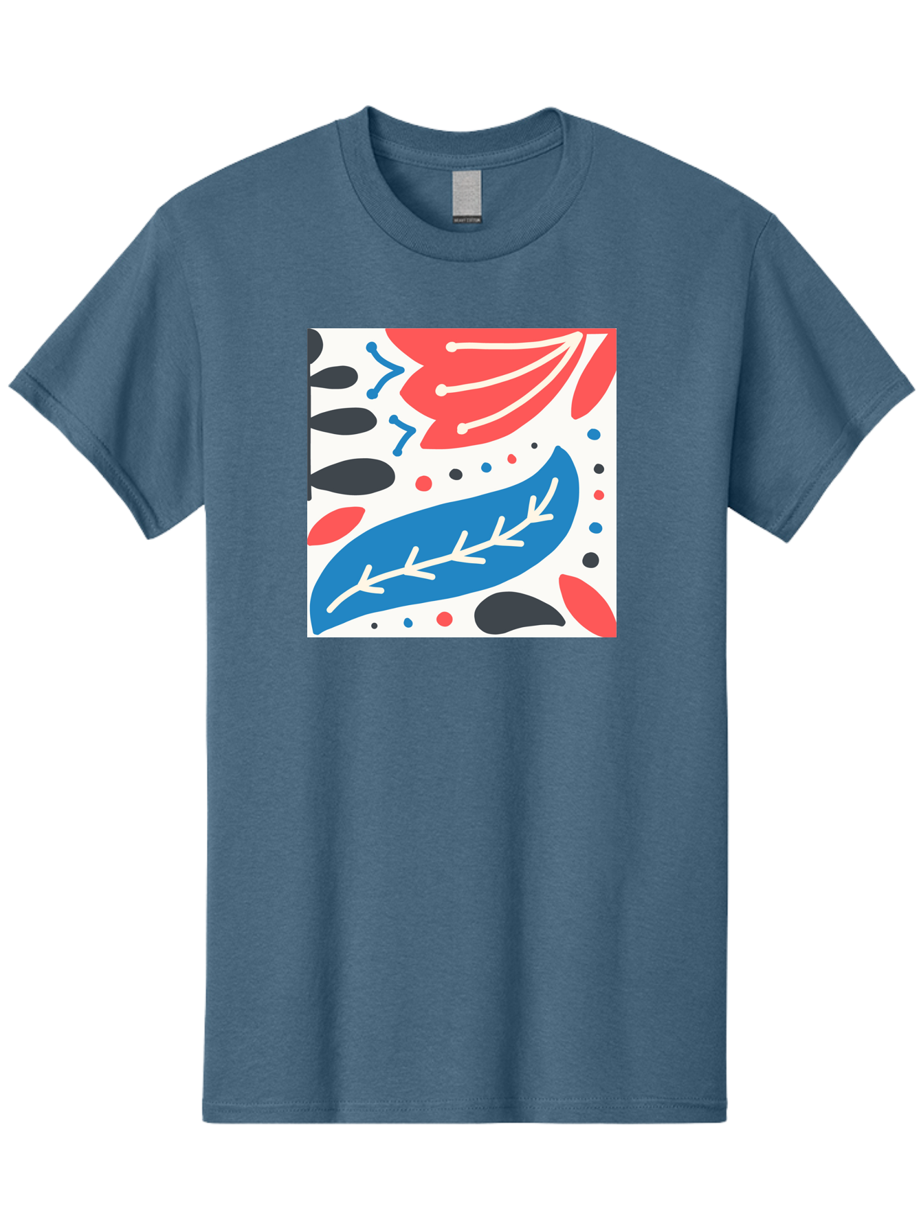Abstract-Leaves-1 Men'S Graphic Tee, 100% Cotton, Comfortable Casual Summer Wear, Machine Washable, Abstract Leaf Pattern, Modern Design, Colorful Shapes, Red And Blue Leaves, Black Ovals, Scattered Dots, Artistic Expression, Creative Design, Aab657 21