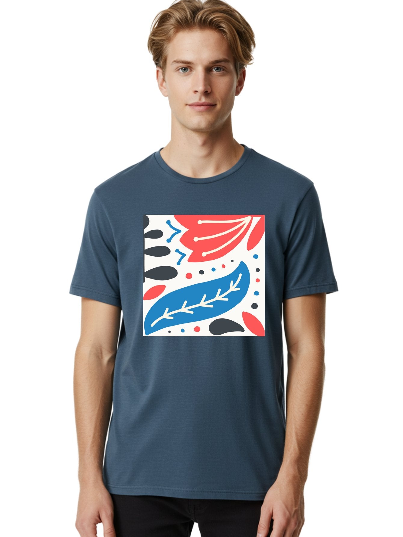 Abstract-Leaves-1 Men'S Graphic Tee, 100% Cotton, Comfortable Casual Summer Wear, Machine Washable, Abstract Leaf Pattern, Modern Design, Colorful Shapes, Red And Blue Leaves, Black Ovals, Scattered Dots, Artistic Expression, Creative Design, Aab657 19