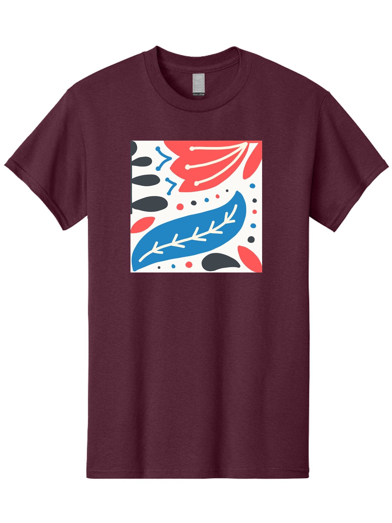 Abstract-Leaves-1 Men'S Graphic Tee, 100% Cotton, Comfortable Casual Summer Wear, Machine Washable, Abstract Leaf Pattern, Modern Design, Colorful Shapes, Red And Blue Leaves, Black Ovals, Scattered Dots, Artistic Expression, Creative Design, Aab657 10