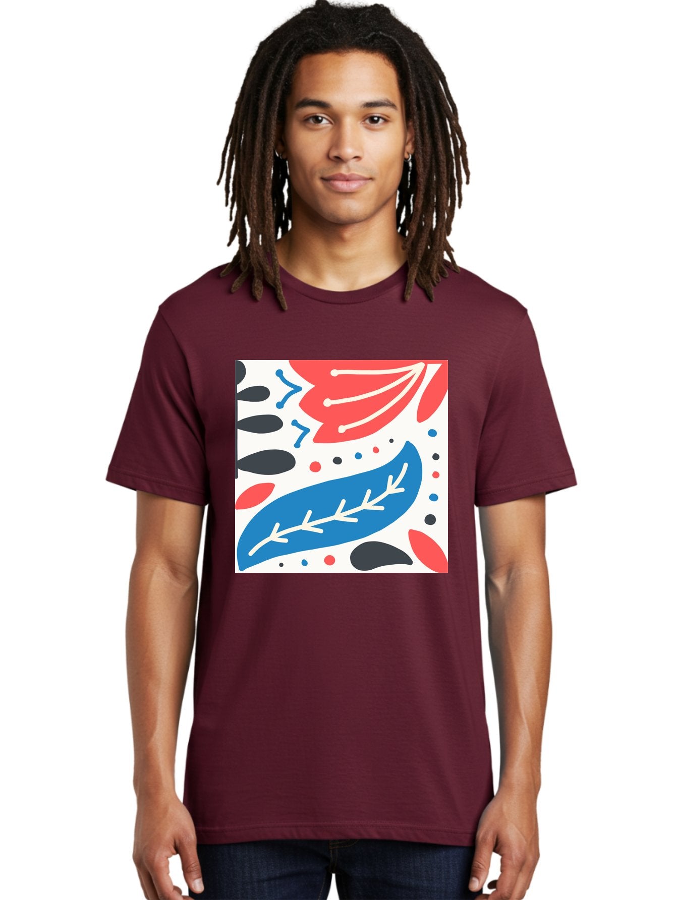 Abstract-Leaves-1 Men'S Graphic Tee, 100% Cotton, Comfortable Casual Summer Wear, Machine Washable, Abstract Leaf Pattern, Modern Design, Colorful Shapes, Red And Blue Leaves, Black Ovals, Scattered Dots, Artistic Expression, Creative Design, Aab657 17