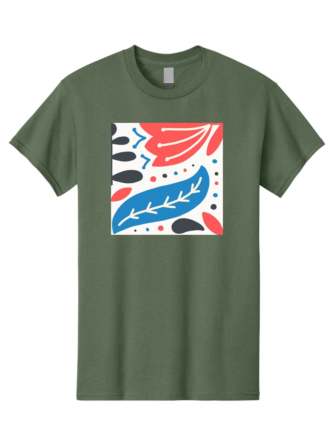 Abstract-Leaves-1 Men'S Graphic Tee, 100% Cotton, Comfortable Casual Summer Wear, Machine Washable, Abstract Leaf Pattern, Modern Design, Colorful Shapes, Red And Blue Leaves, Black Ovals, Scattered Dots, Artistic Expression, Creative Design, Aab657 14