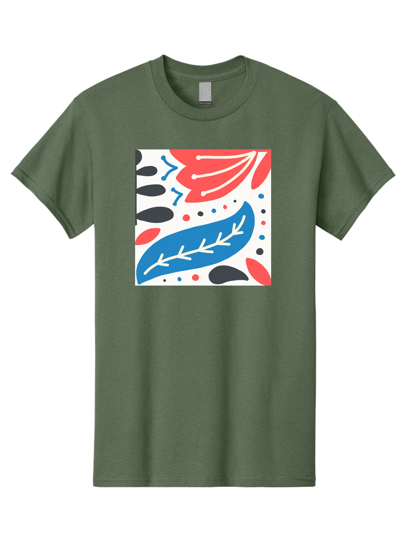 Abstract-Leaves-1 Men'S Graphic Tee, 100% Cotton, Comfortable Casual Summer Wear, Machine Washable, Abstract Leaf Pattern, Modern Design, Colorful Shapes, Red And Blue Leaves, Black Ovals, Scattered Dots, Artistic Expression, Creative Design, Aab657 3