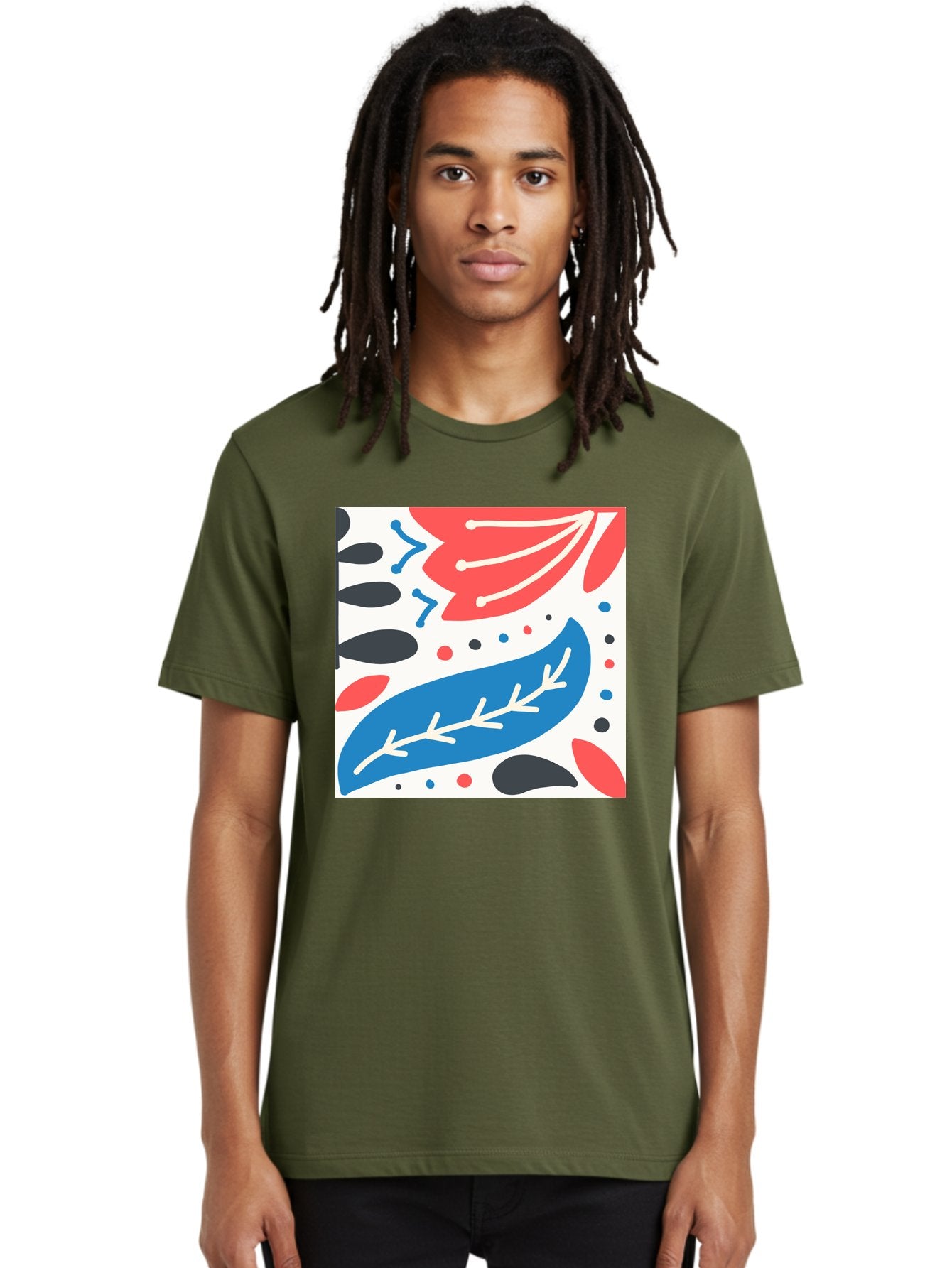Abstract-Leaves-1 Men'S Graphic Tee, 100% Cotton, Comfortable Casual Summer Wear, Machine Washable, Abstract Leaf Pattern, Modern Design, Colorful Shapes, Red And Blue Leaves, Black Ovals, Scattered Dots, Artistic Expression, Creative Design, Aab657 29