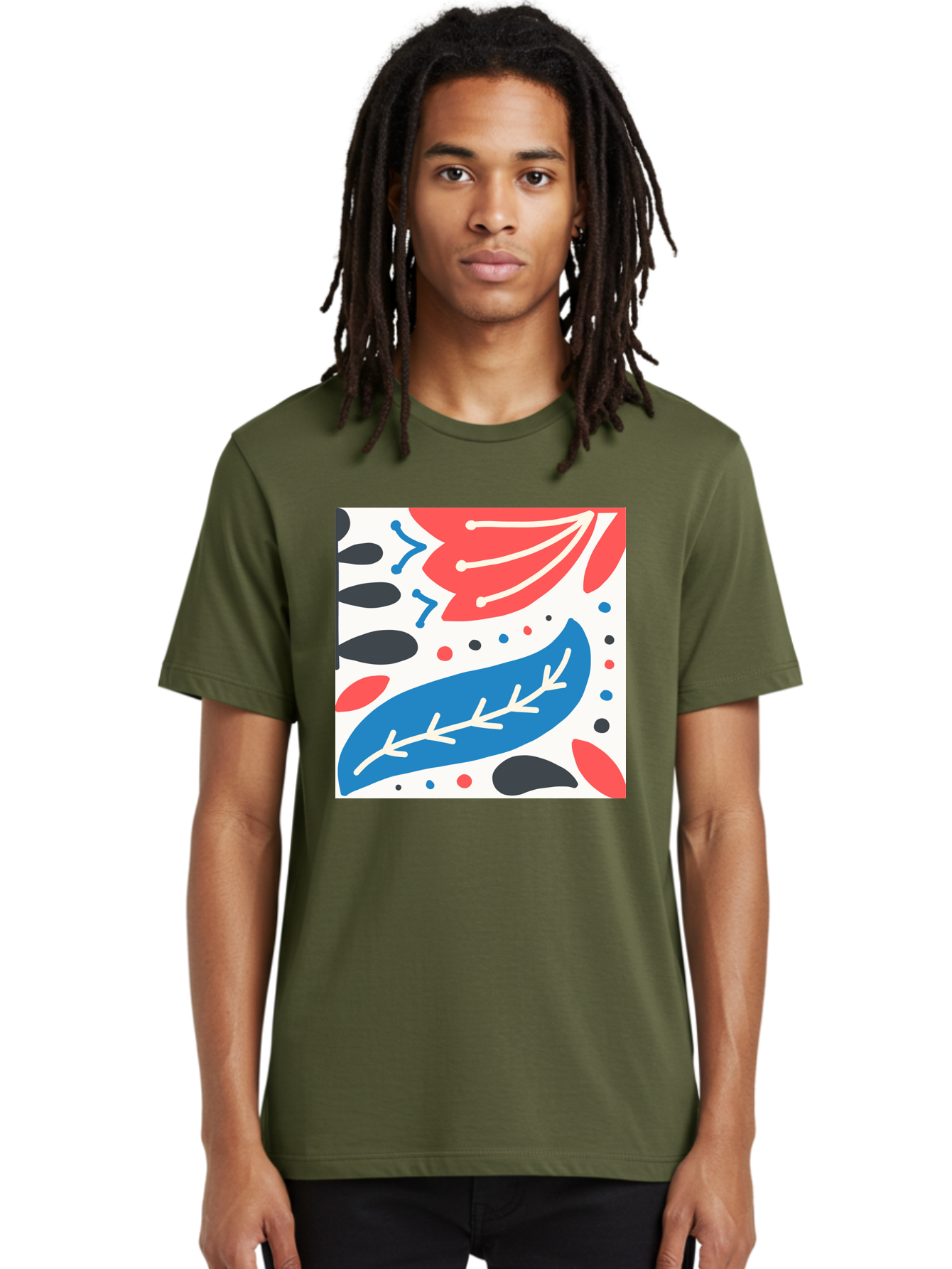 Abstract-Leaves-1 Men'S Graphic Tee, 100% Cotton, Comfortable Casual Summer Wear, Machine Washable, Abstract Leaf Pattern, Modern Design, Colorful Shapes, Red And Blue Leaves, Black Ovals, Scattered Dots, Artistic Expression, Creative Design, Aab657 4