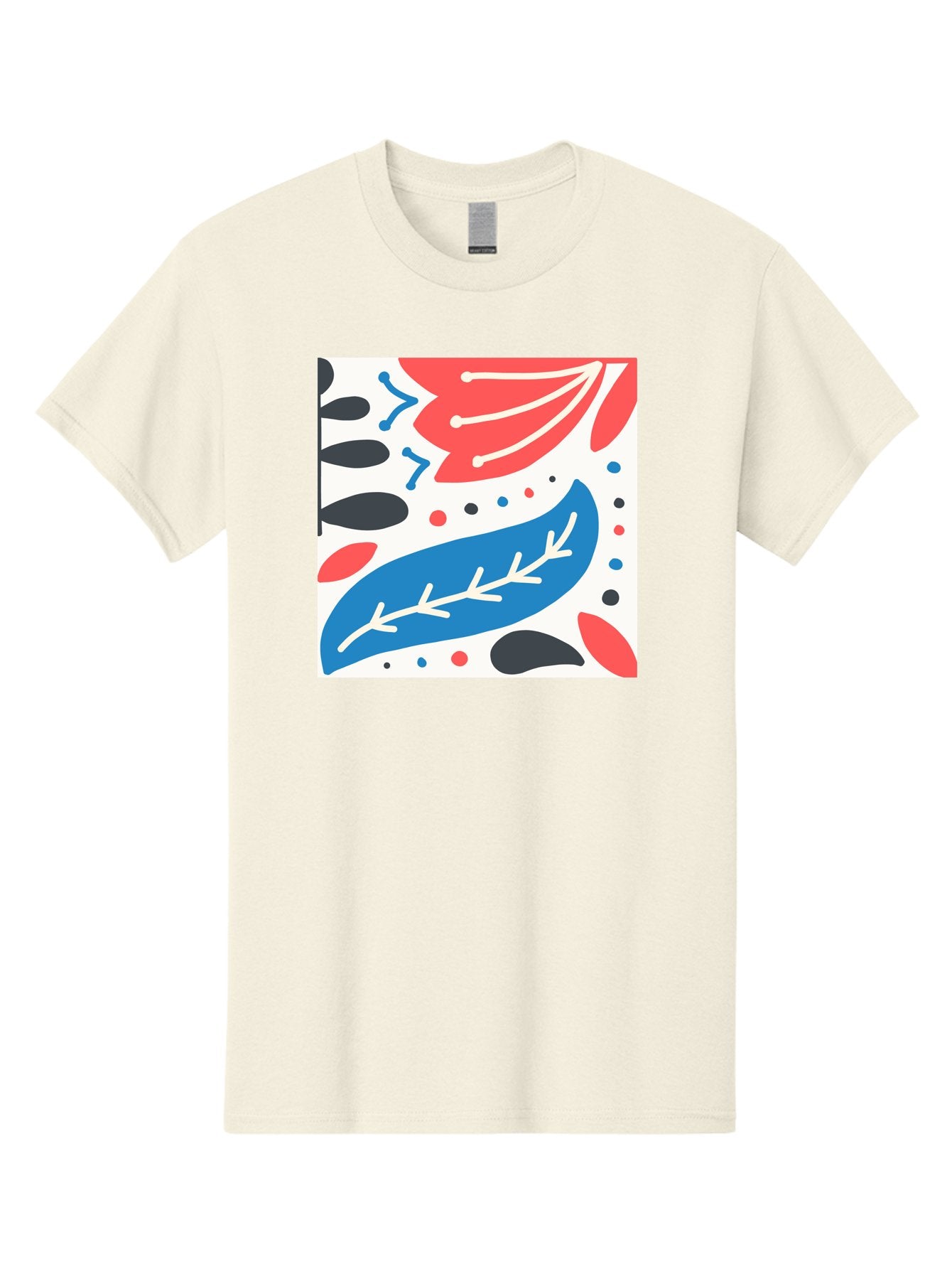 Abstract-Leaves-1 Men'S Graphic Tee, 100% Cotton, Comfortable Casual Summer Wear, Machine Washable, Abstract Leaf Pattern, Modern Design, Colorful Shapes, Red And Blue Leaves, Black Ovals, Scattered Dots, Artistic Expression, Creative Design, Aab657