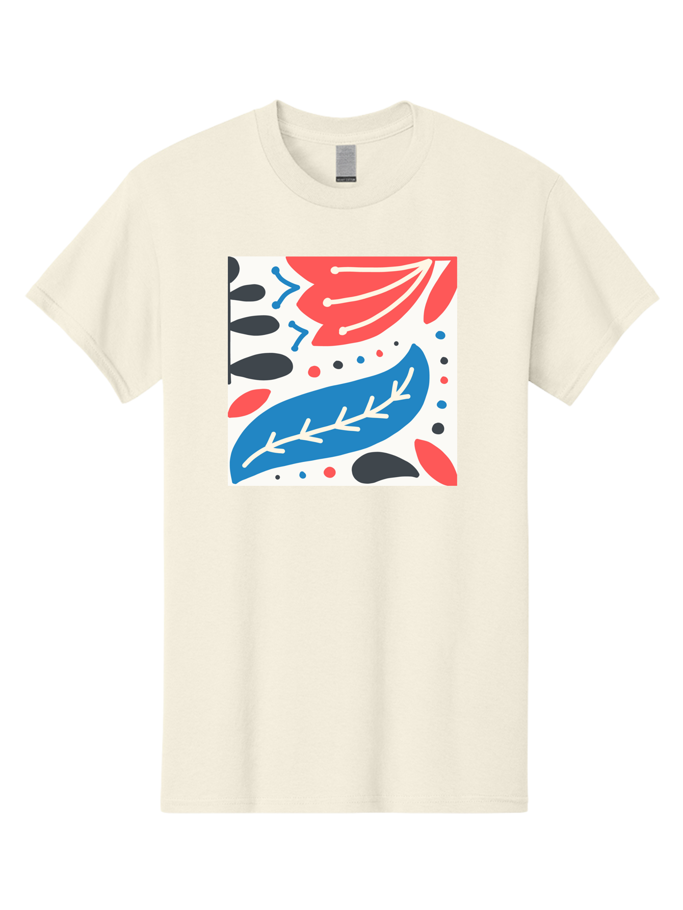 Abstract-Leaves-1 Men'S Graphic Tee, 100% Cotton, Comfortable Casual Summer Wear, Machine Washable, Abstract Leaf Pattern, Modern Design, Colorful Shapes, Red And Blue Leaves, Black Ovals, Scattered Dots, Artistic Expression, Creative Design, Aab657 19