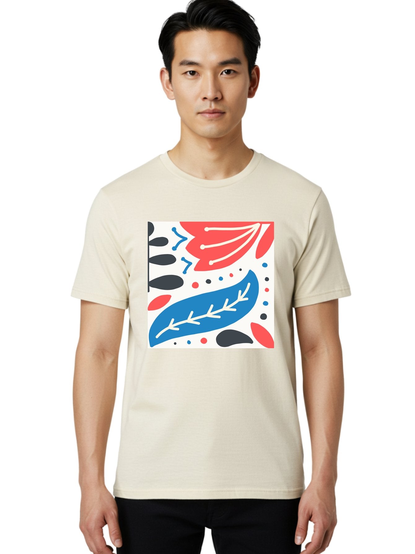 Abstract-Leaves-1 Men'S Graphic Tee, 100% Cotton, Comfortable Casual Summer Wear, Machine Washable, Abstract Leaf Pattern, Modern Design, Colorful Shapes, Red And Blue Leaves, Black Ovals, Scattered Dots, Artistic Expression, Creative Design, Aab657 21