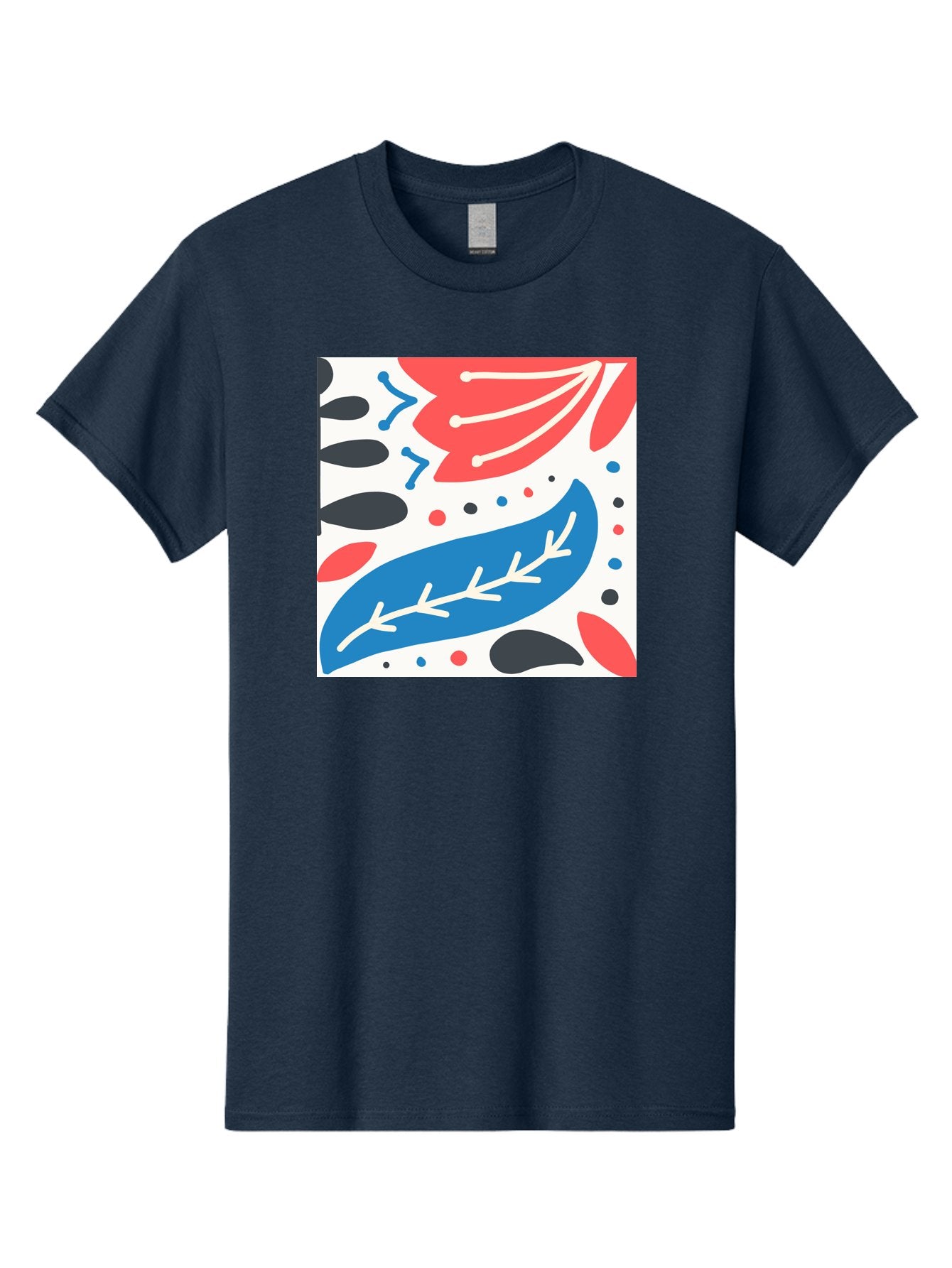 Abstract-Leaves-1 Men'S Graphic Tee, 100% Cotton, Comfortable Casual Summer Wear, Machine Washable, Abstract Leaf Pattern, Modern Design, Colorful Shapes, Red And Blue Leaves, Black Ovals, Scattered Dots, Artistic Expression, Creative Design, Aab657 3