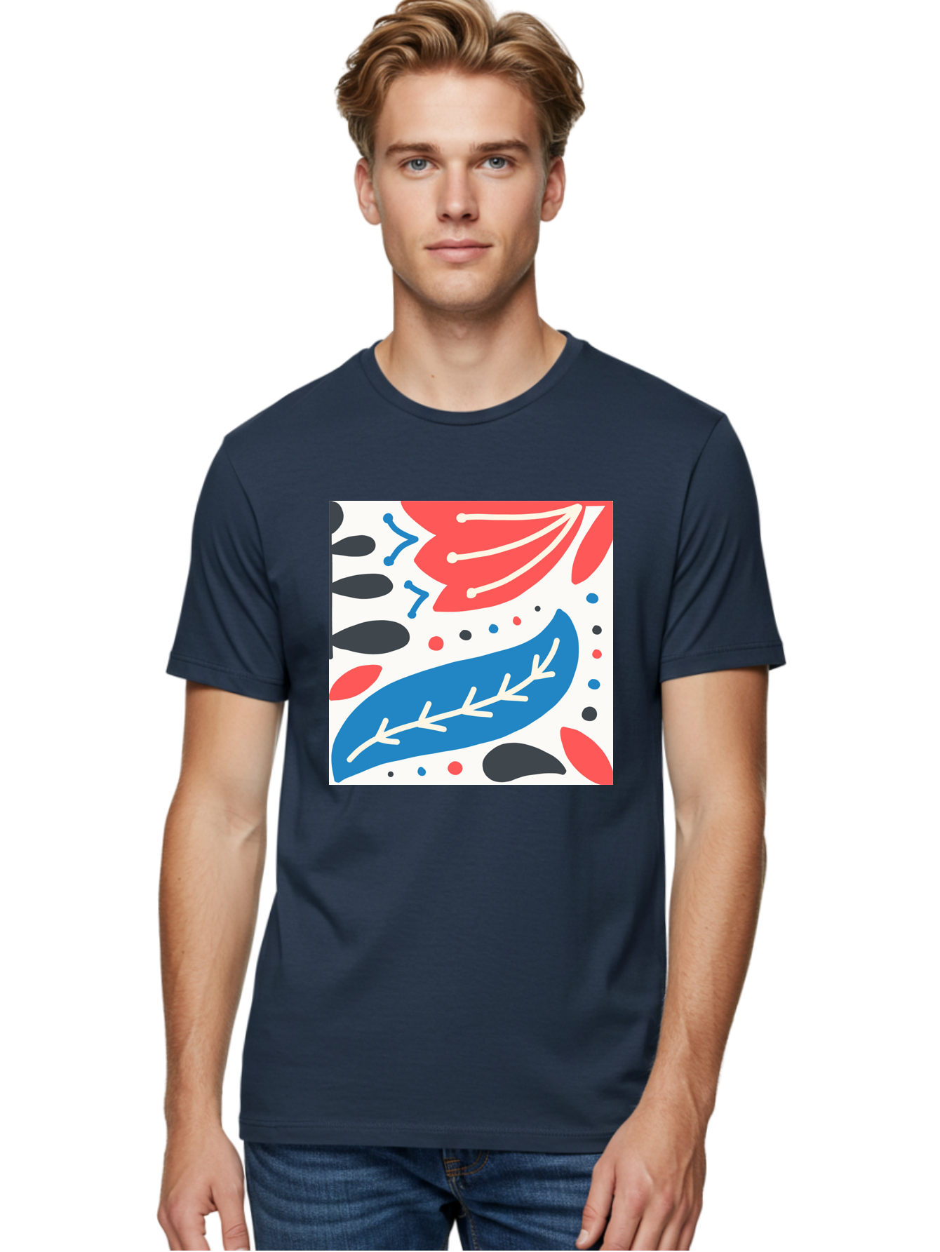 Abstract-Leaves-1 Men'S Graphic Tee, 100% Cotton, Comfortable Casual Summer Wear, Machine Washable, Abstract Leaf Pattern, Modern Design, Colorful Shapes, Red And Blue Leaves, Black Ovals, Scattered Dots, Artistic Expression, Creative Design, Aab657 18