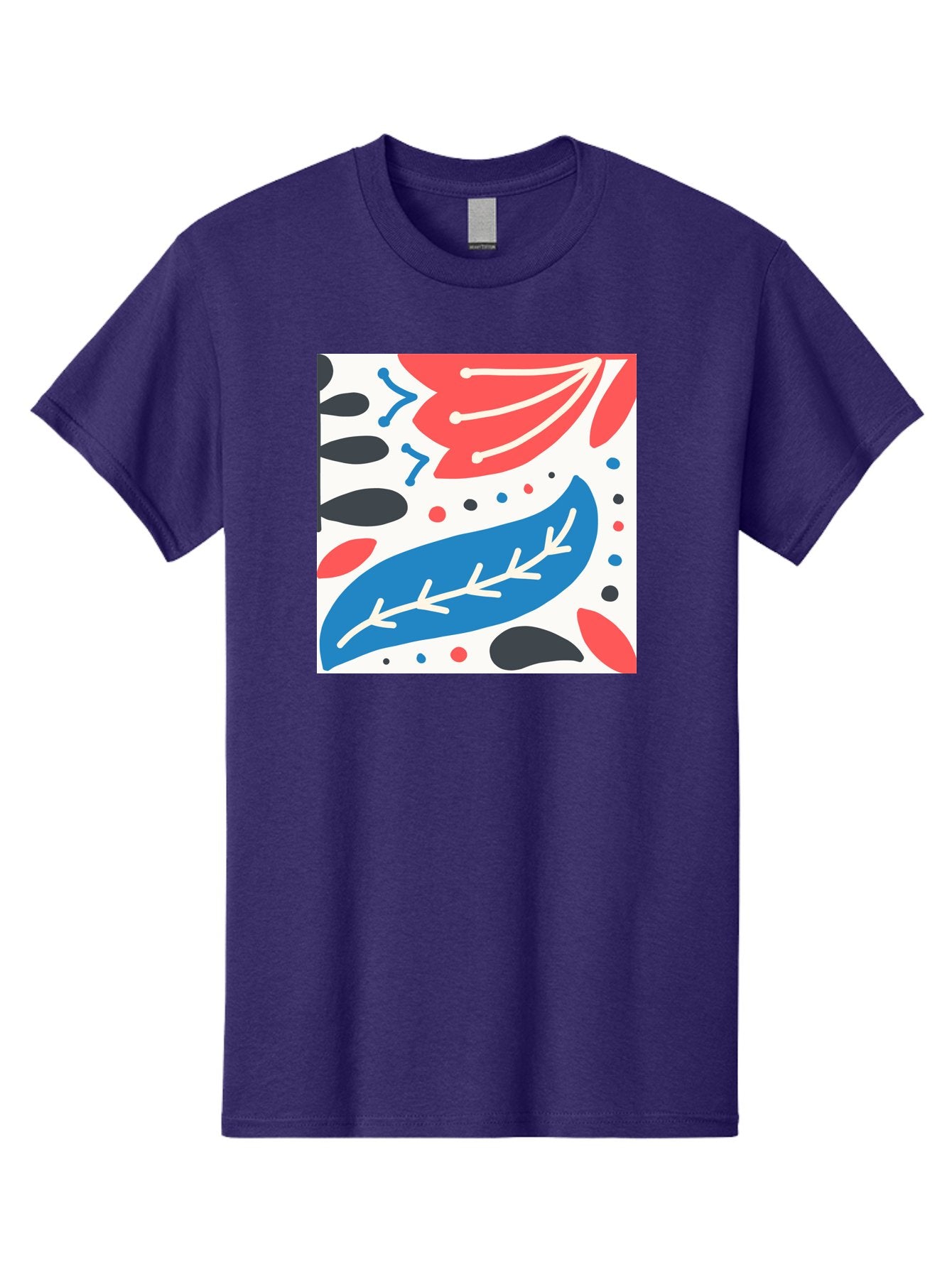 Abstract-Leaves-1 Men'S Graphic Tee, 100% Cotton, Comfortable Casual Summer Wear, Machine Washable, Abstract Leaf Pattern, Modern Design, Colorful Shapes, Red And Blue Leaves, Black Ovals, Scattered Dots, Artistic Expression, Creative Design, Aab657 5