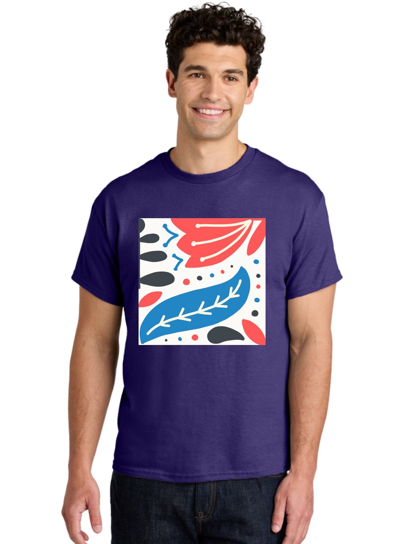 Abstract-Leaves-1 Men'S Graphic Tee, 100% Cotton, Comfortable Casual Summer Wear, Machine Washable, Abstract Leaf Pattern, Modern Design, Colorful Shapes, Red And Blue Leaves, Black Ovals, Scattered Dots, Artistic Expression, Creative Design, Aab657 23
