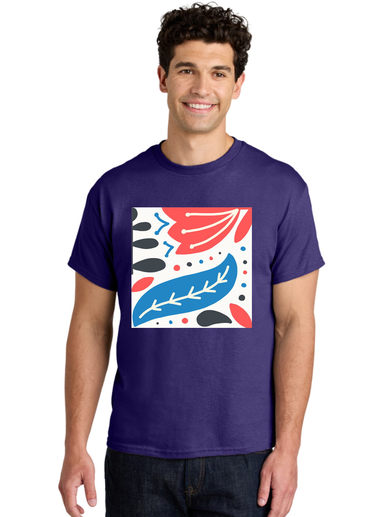 Abstract-Leaves-1 Men'S Graphic Tee, 100% Cotton, Comfortable Casual Summer Wear, Machine Washable, Abstract Leaf Pattern, Modern Design, Colorful Shapes, Red And Blue Leaves, Black Ovals, Scattered Dots, Artistic Expression, Creative Design, Aab657 16