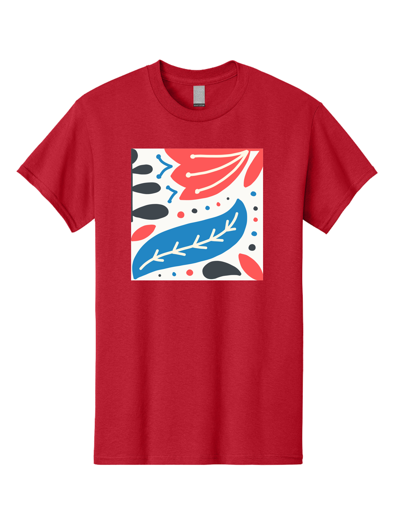 Abstract-Leaves-1 Men'S Graphic Tee, 100% Cotton, Comfortable Casual Summer Wear, Machine Washable, Abstract Leaf Pattern, Modern Design, Colorful Shapes, Red And Blue Leaves, Black Ovals, Scattered Dots, Artistic Expression, Creative Design, Aab657 13