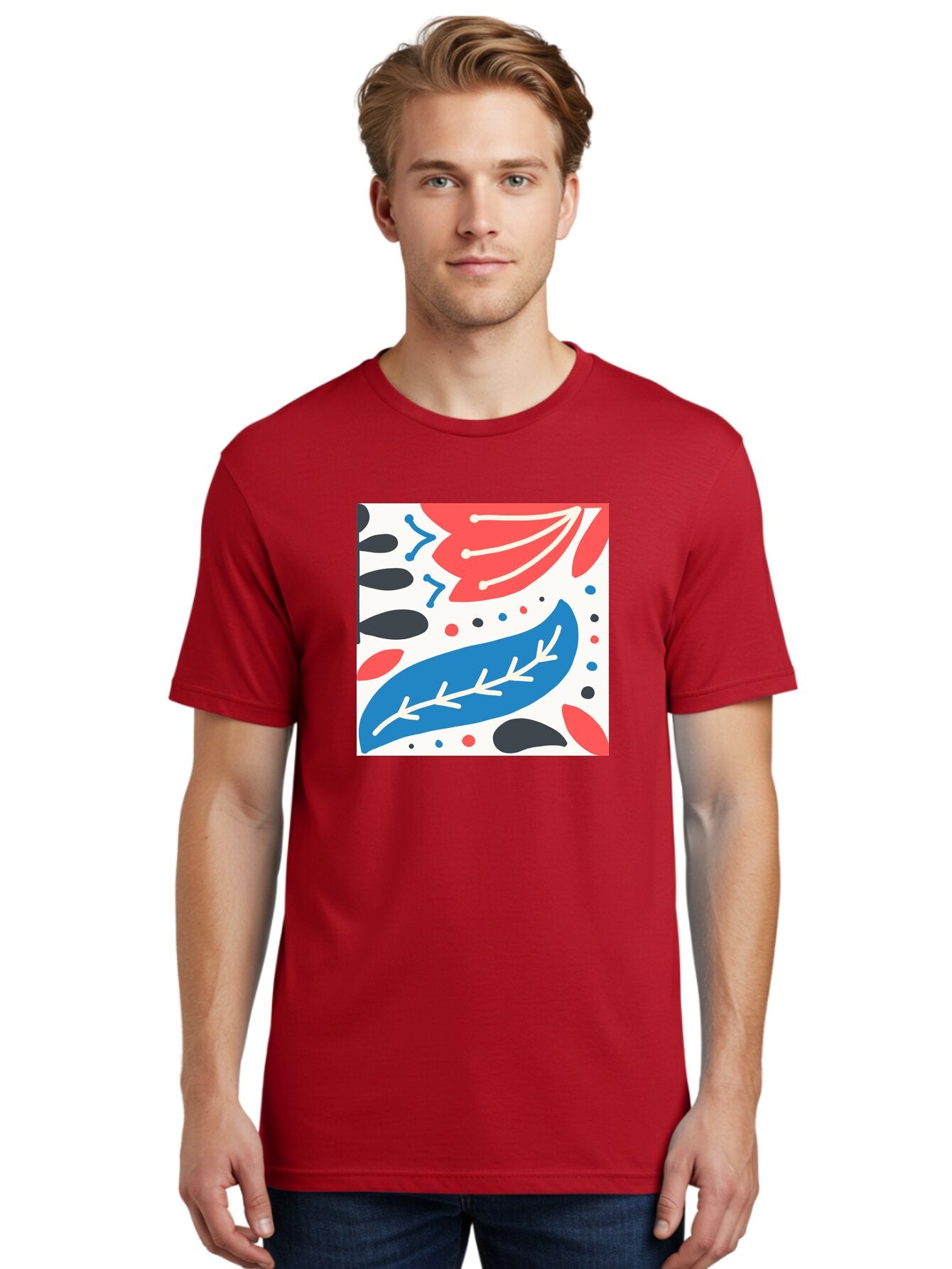 Abstract-Leaves-1 Men'S Graphic Tee, 100% Cotton, Comfortable Casual Summer Wear, Machine Washable, Abstract Leaf Pattern, Modern Design, Colorful Shapes, Red And Blue Leaves, Black Ovals, Scattered Dots, Artistic Expression, Creative Design, Aab657 24