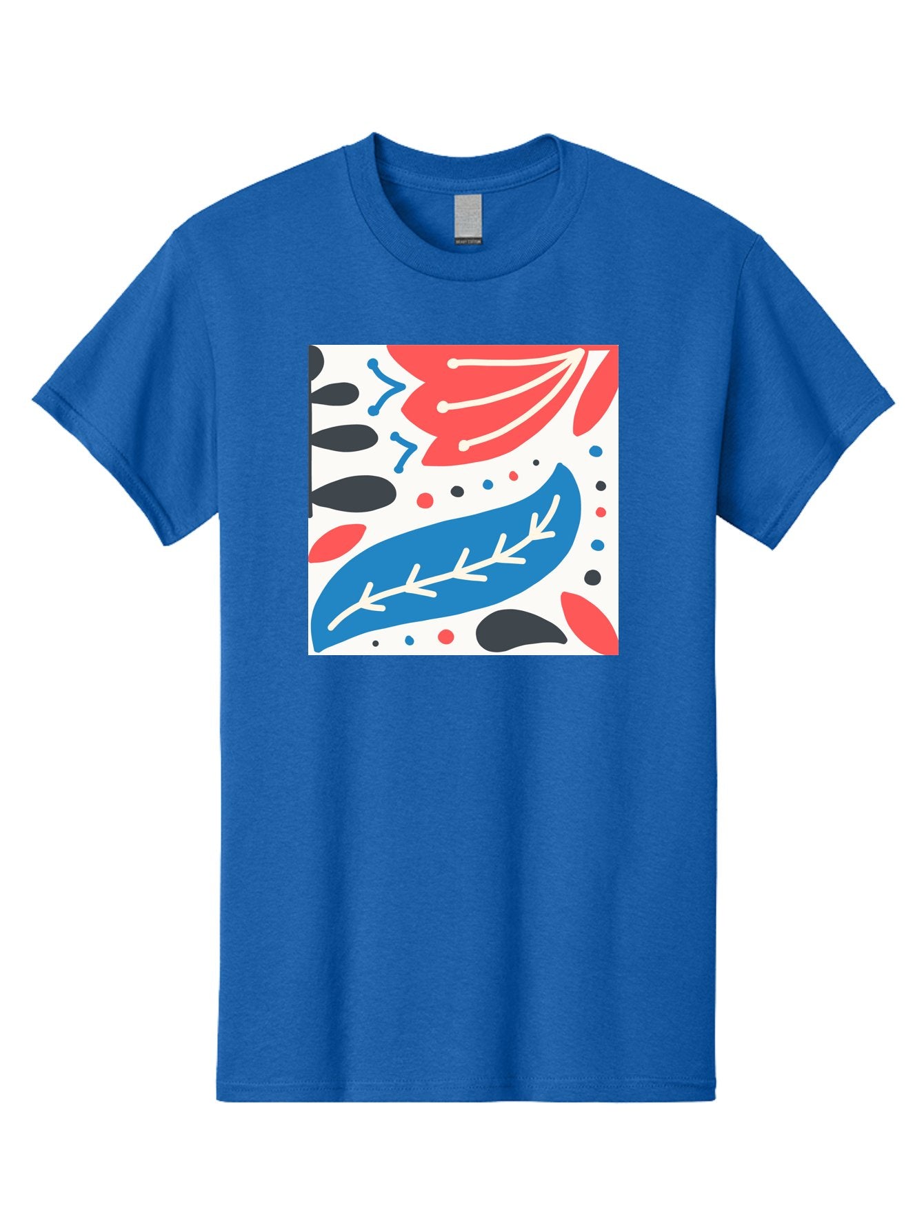 Abstract-Leaves-1 Men'S Graphic Tee, 100% Cotton, Comfortable Casual Summer Wear, Machine Washable, Abstract Leaf Pattern, Modern Design, Colorful Shapes, Red And Blue Leaves, Black Ovals, Scattered Dots, Artistic Expression, Creative Design, Aab657 13