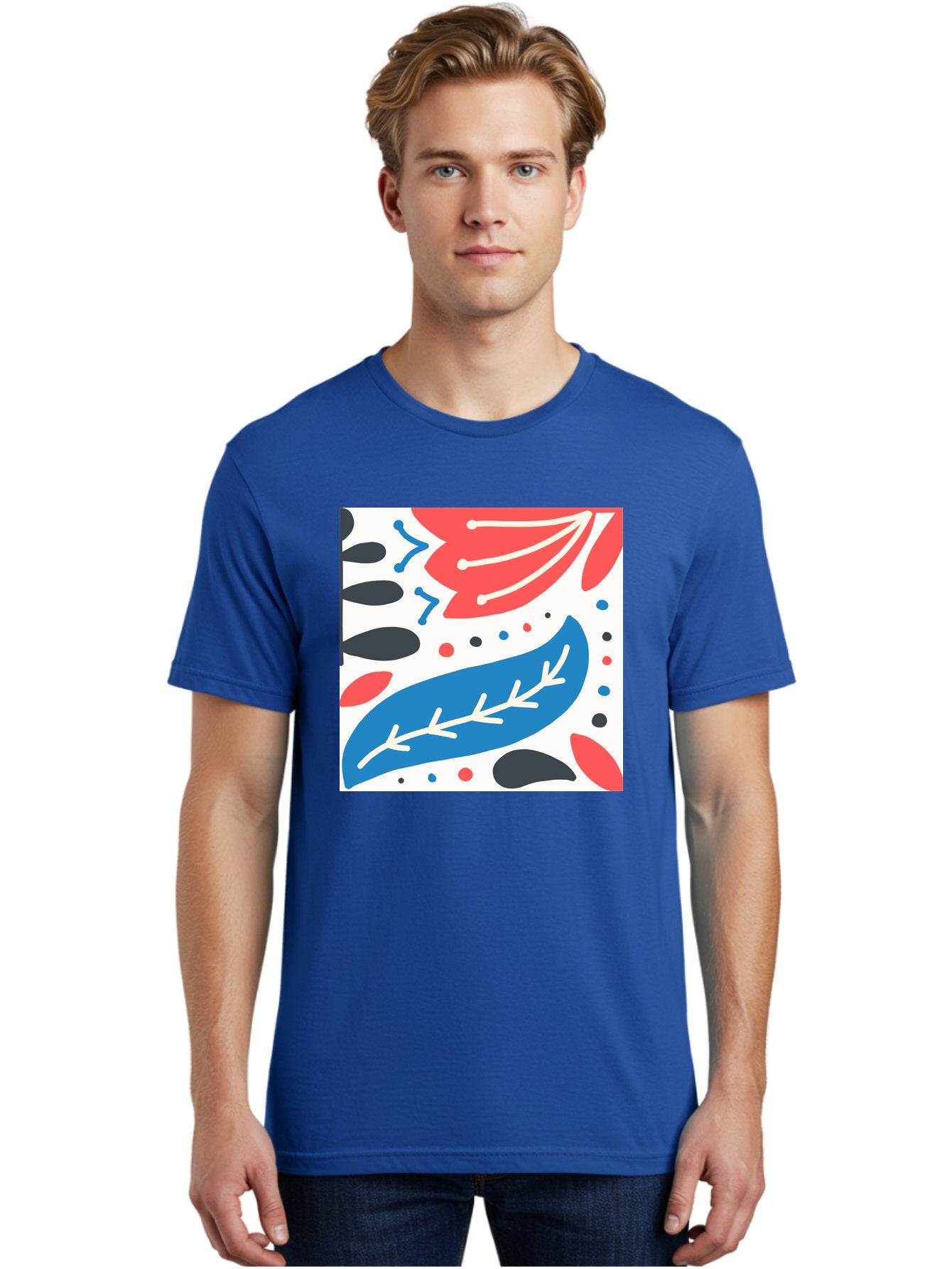Abstract-Leaves-1 Men'S Graphic Tee, 100% Cotton, Comfortable Casual Summer Wear, Machine Washable, Abstract Leaf Pattern, Modern Design, Colorful Shapes, Red And Blue Leaves, Black Ovals, Scattered Dots, Artistic Expression, Creative Design, Aab657 20