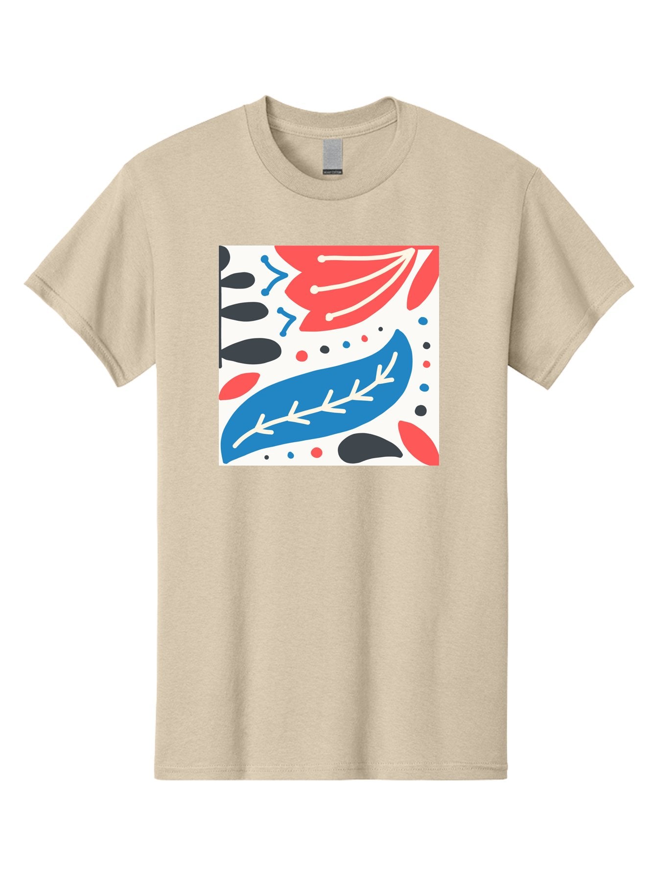 Abstract-Leaves-1 Men'S Graphic Tee, 100% Cotton, Comfortable Casual Summer Wear, Machine Washable, Abstract Leaf Pattern, Modern Design, Colorful Shapes, Red And Blue Leaves, Black Ovals, Scattered Dots, Artistic Expression, Creative Design, Aab657 9
